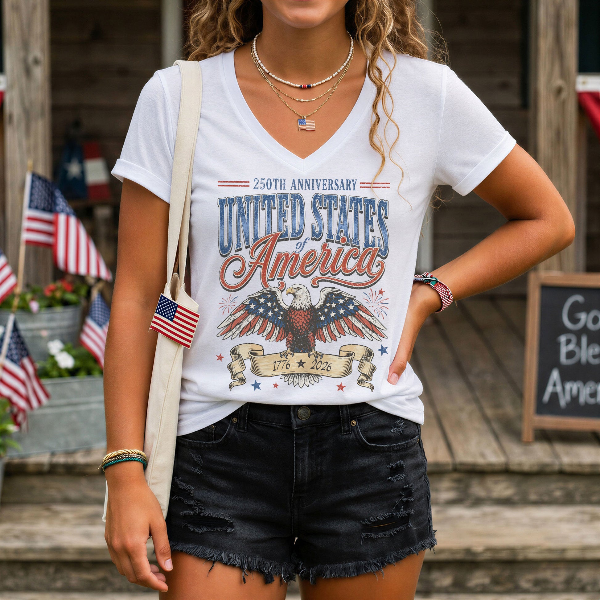 250th Anniversary United States Of America V-Neck Tee Patriotic Women's Holiday Shirt - Rust Field Wear