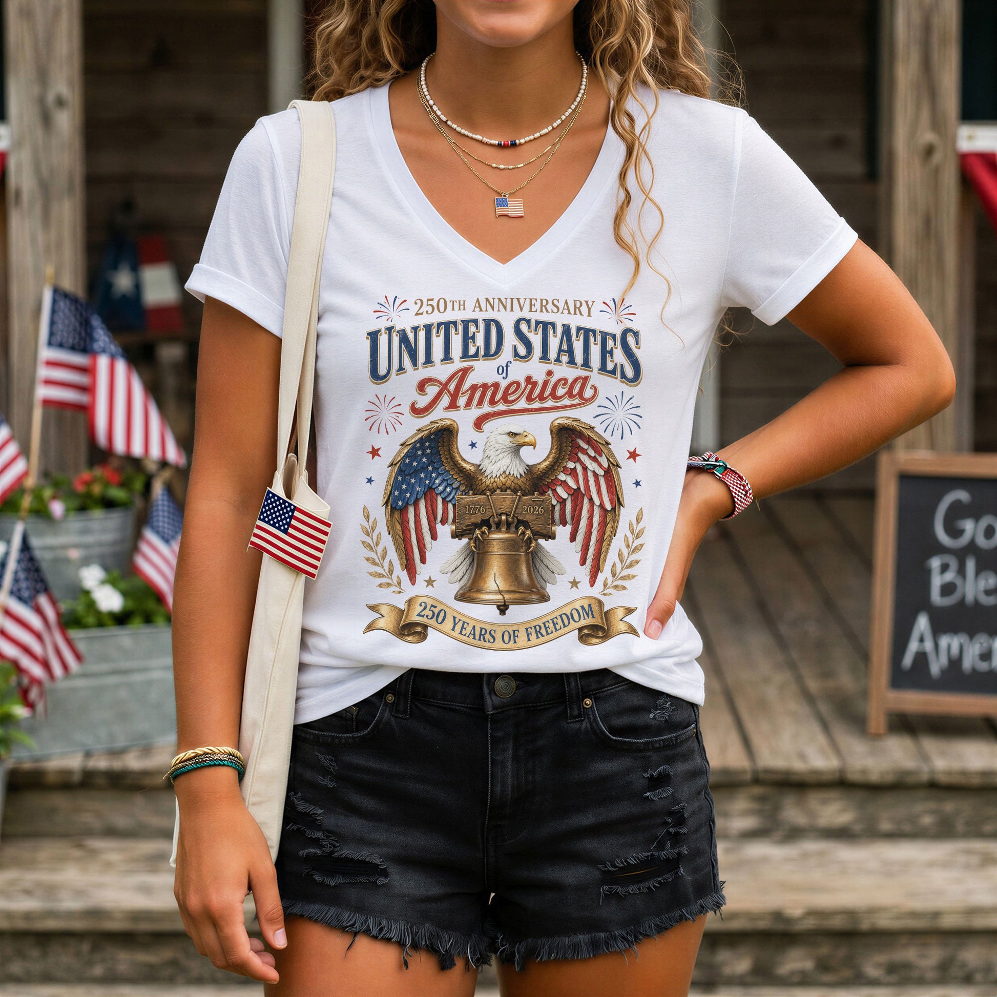 Patriotic 250th Anniversary V-Neck T-Shirt United States Of America Freedom Graphic - Rust Field Wear