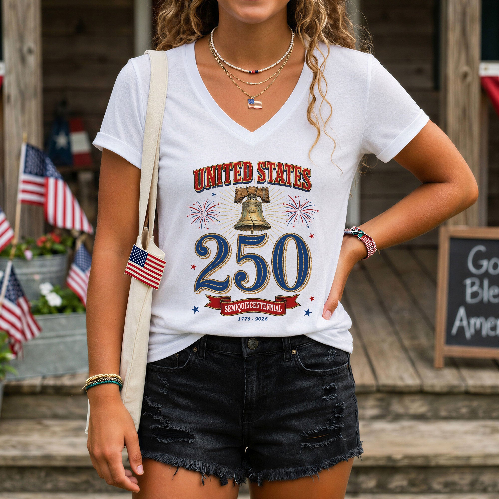 Women's V-Neck Graphic Top United States 250 Years Anniversary Celebration Tee