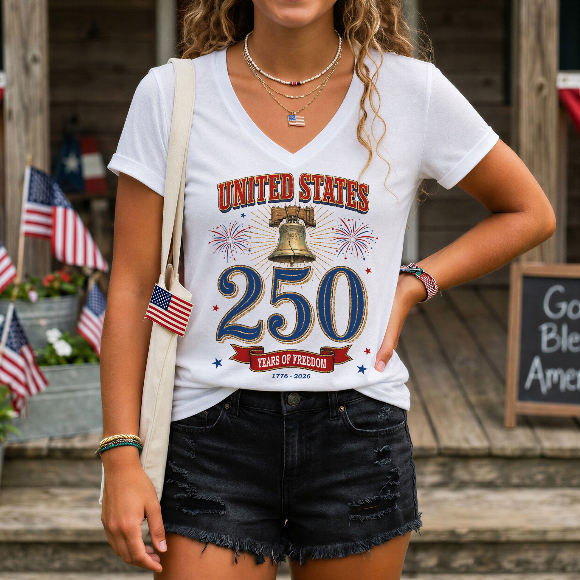 Women's V-Neck Graphic Top United States 250 Years Anniversary Celebration Tee - Rust Field Wear