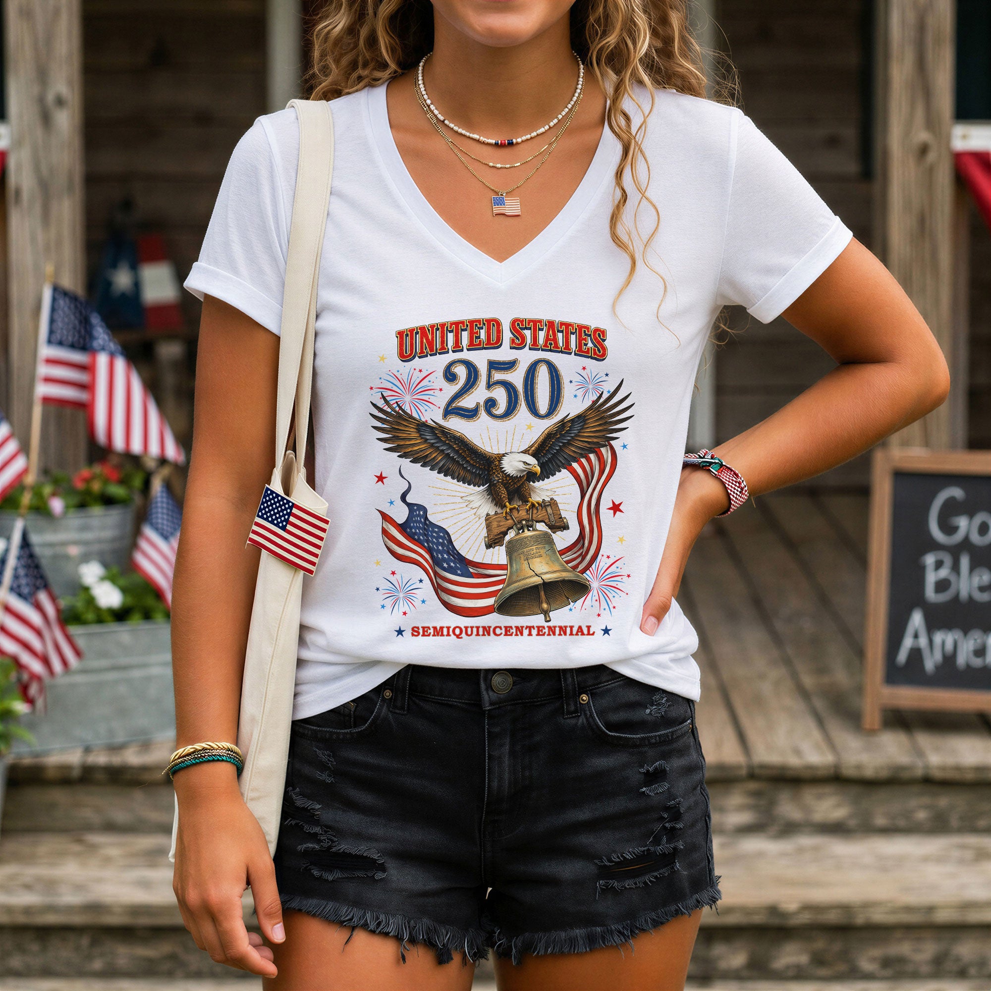 Historical United States 250th Anniversary V-Neck Shirt Patriotic Holiday Wear Tee