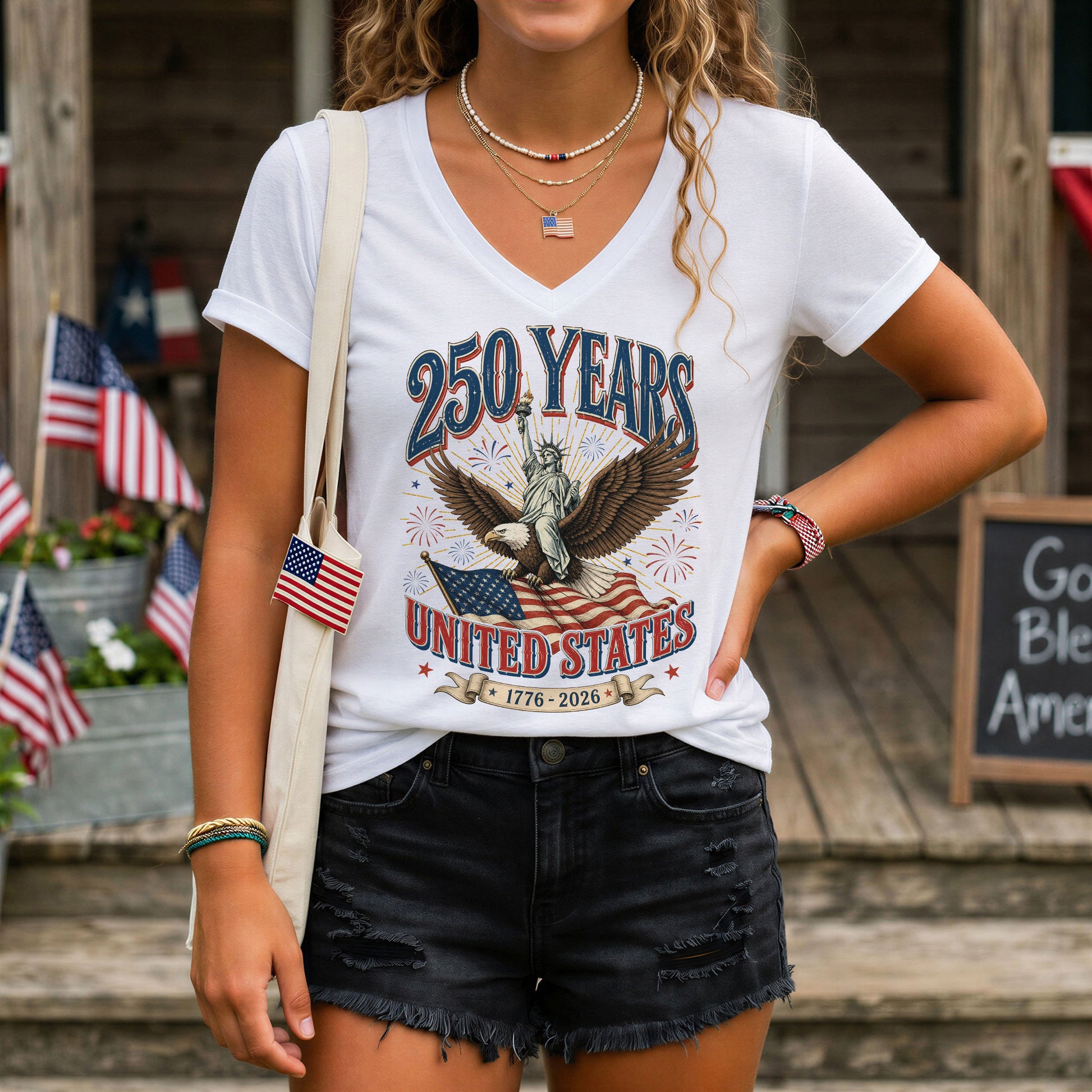 Patriotic United States 250 Years Anniversary V-Neck Tee Holiday Graphic Shirt Apparel - Rust Field Wear