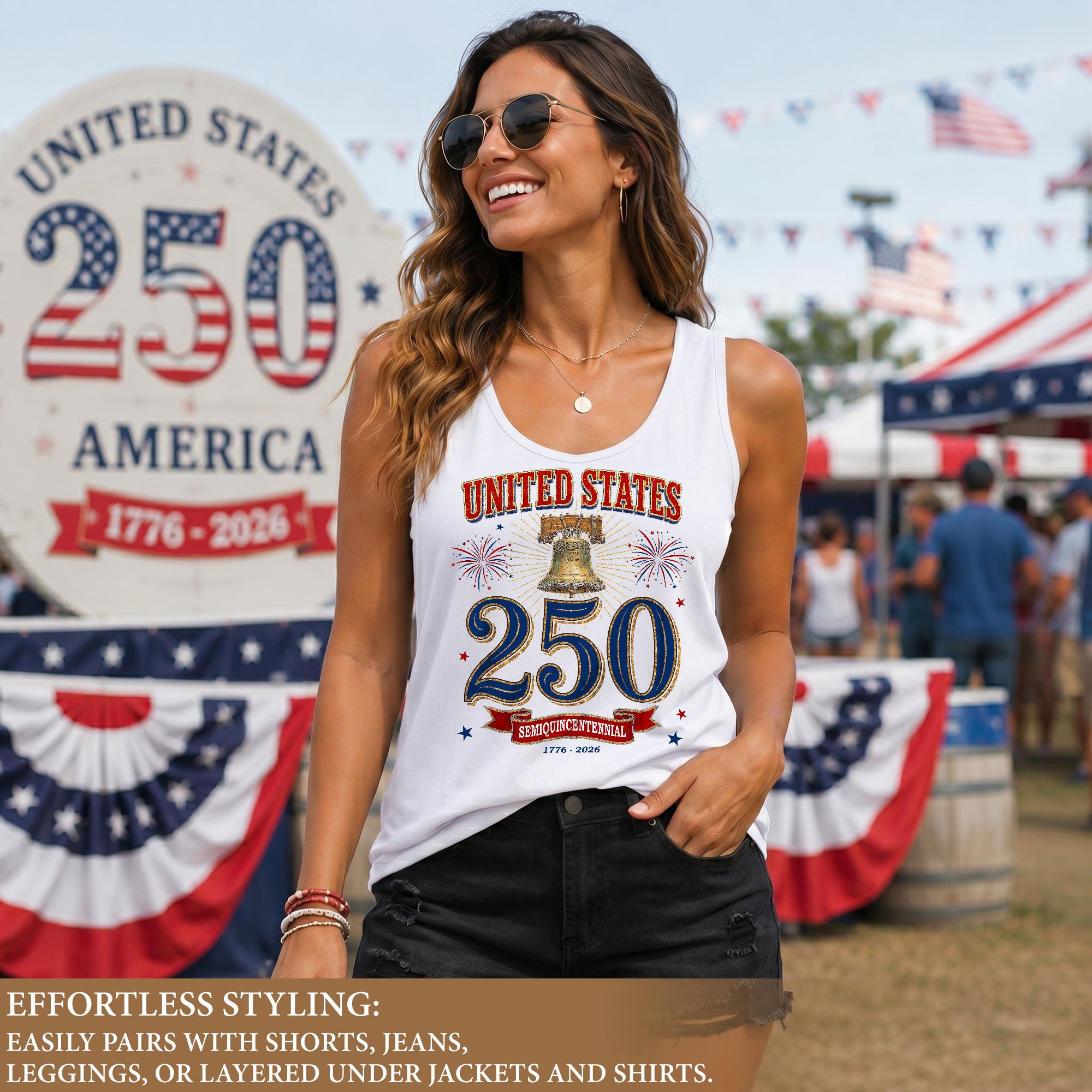 Patriotic Tank Top Women 250th Anniversary Liberty Bell 1776 2026 USA Vintage Shirt