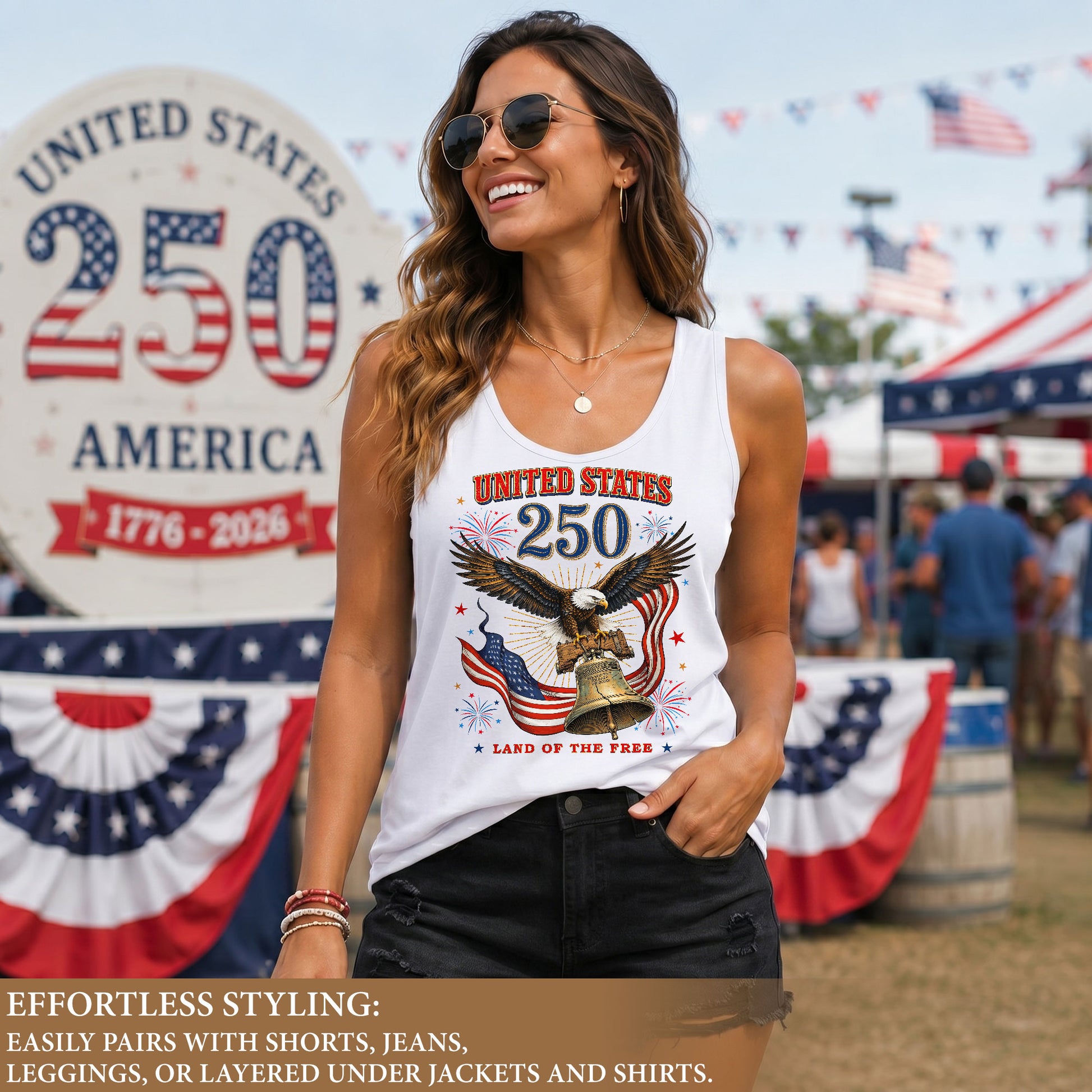 Women Vintage Tank Top 250th Anniversary US Flag Liberty Bell United States Shirt - Rust Field Wear