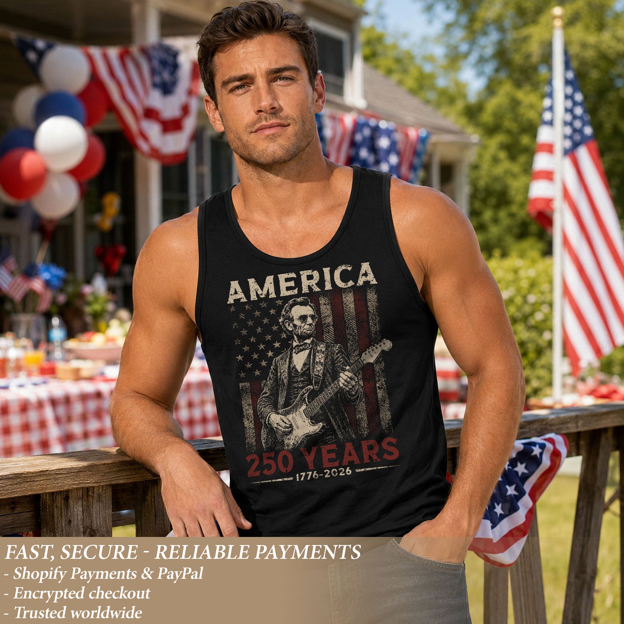 Abraham Lincoln Guitar Men Tank Top - Patriotic 1776 2026 Distressed US Flag Mens Shirt