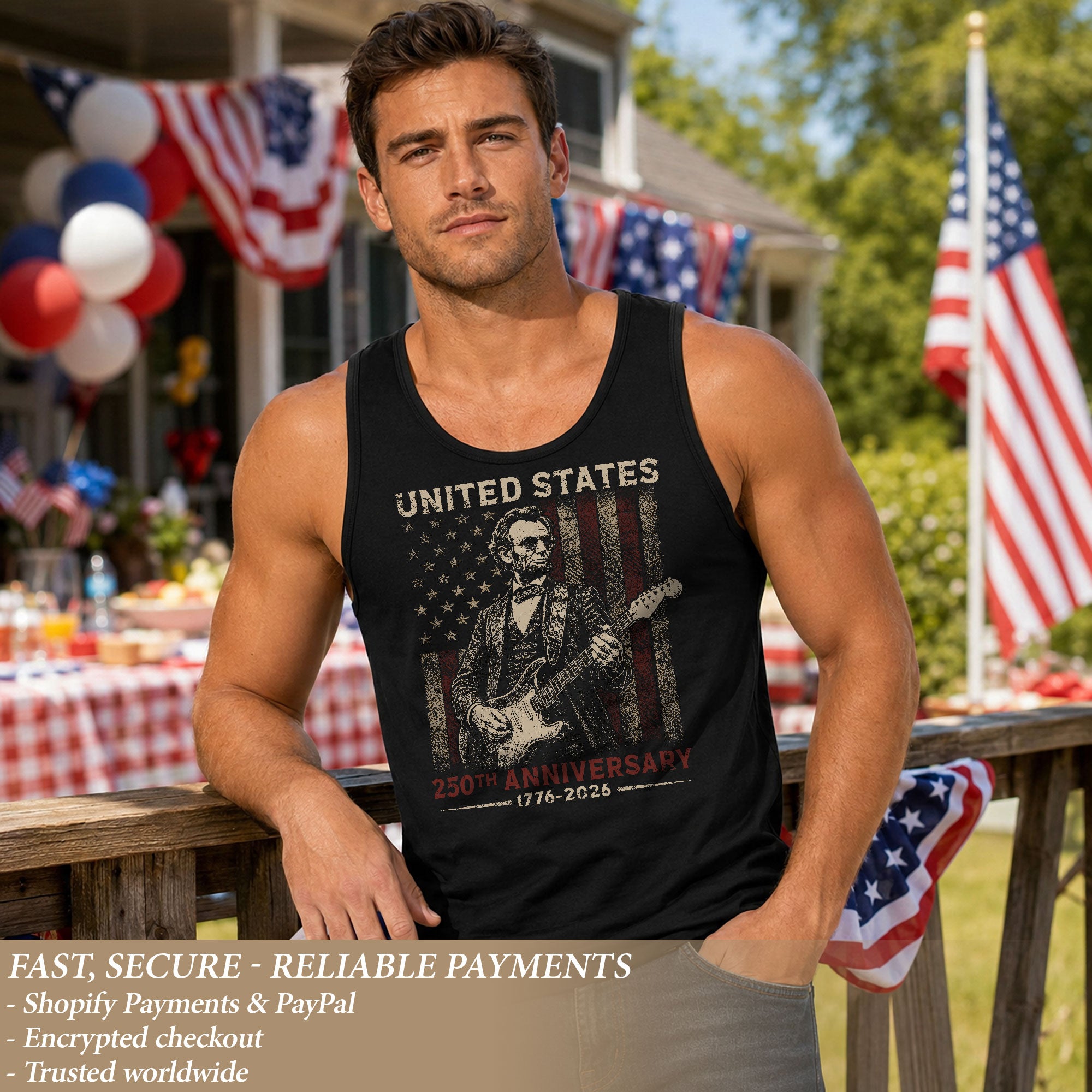 Abraham Lincoln Guitar Men Tank Top - Patriotic 1776 2026 Distressed US Flag Mens Shirt