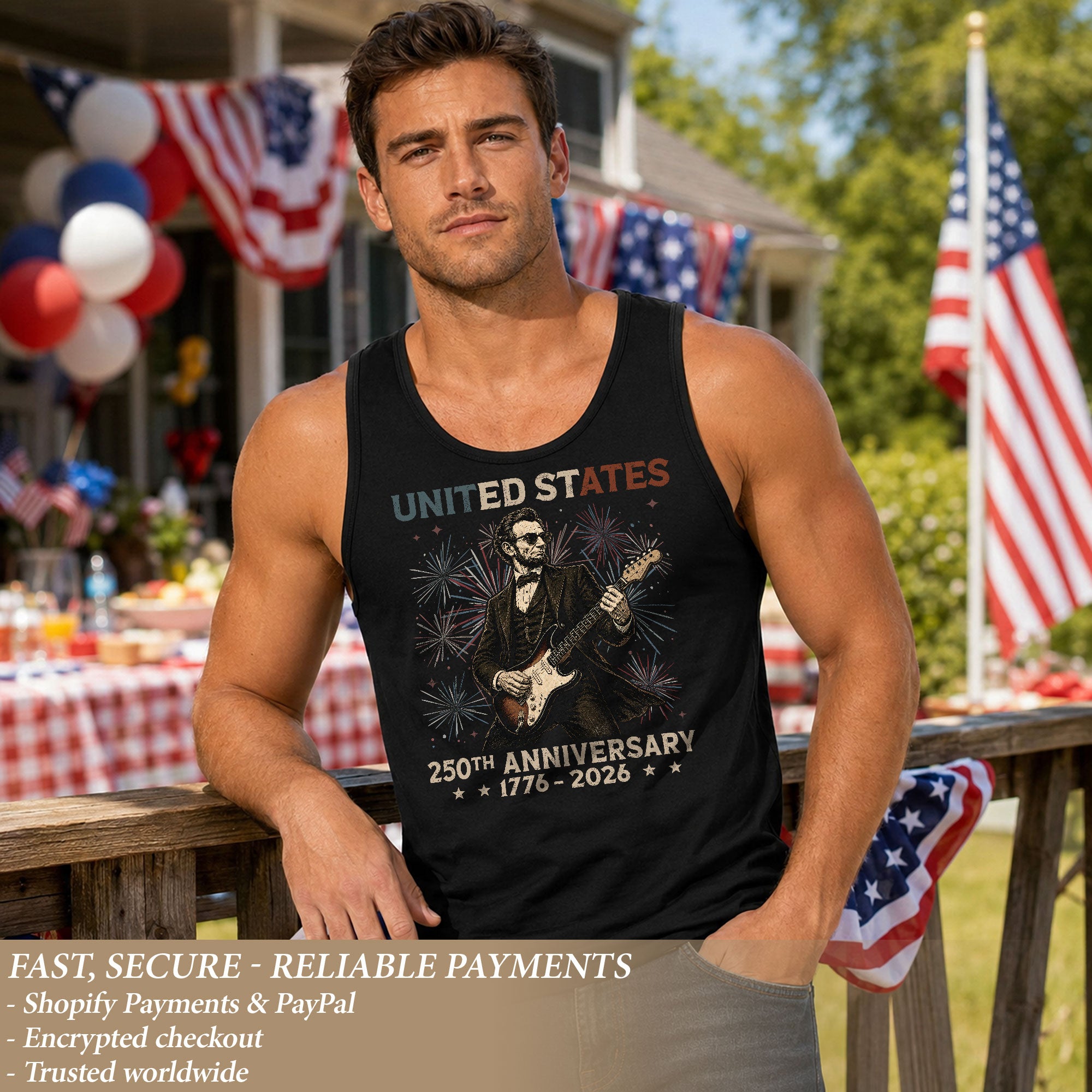 Rockstar Lincoln Fireworks Men Tank Top - Patriotic 1776 2026 Guitar Vintage Gym Shirt - Rust Field Wear