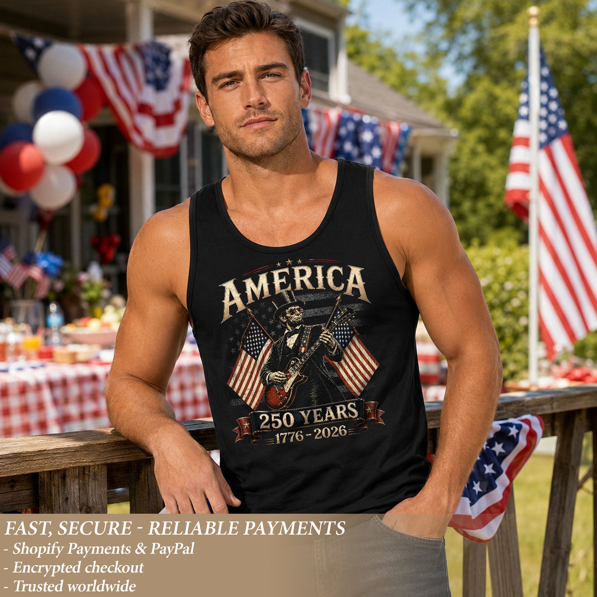 Rockstar Lincoln Guitar Men Tank Top - Retro Fireworks 1776 2026 Quarter Millennial Tee
