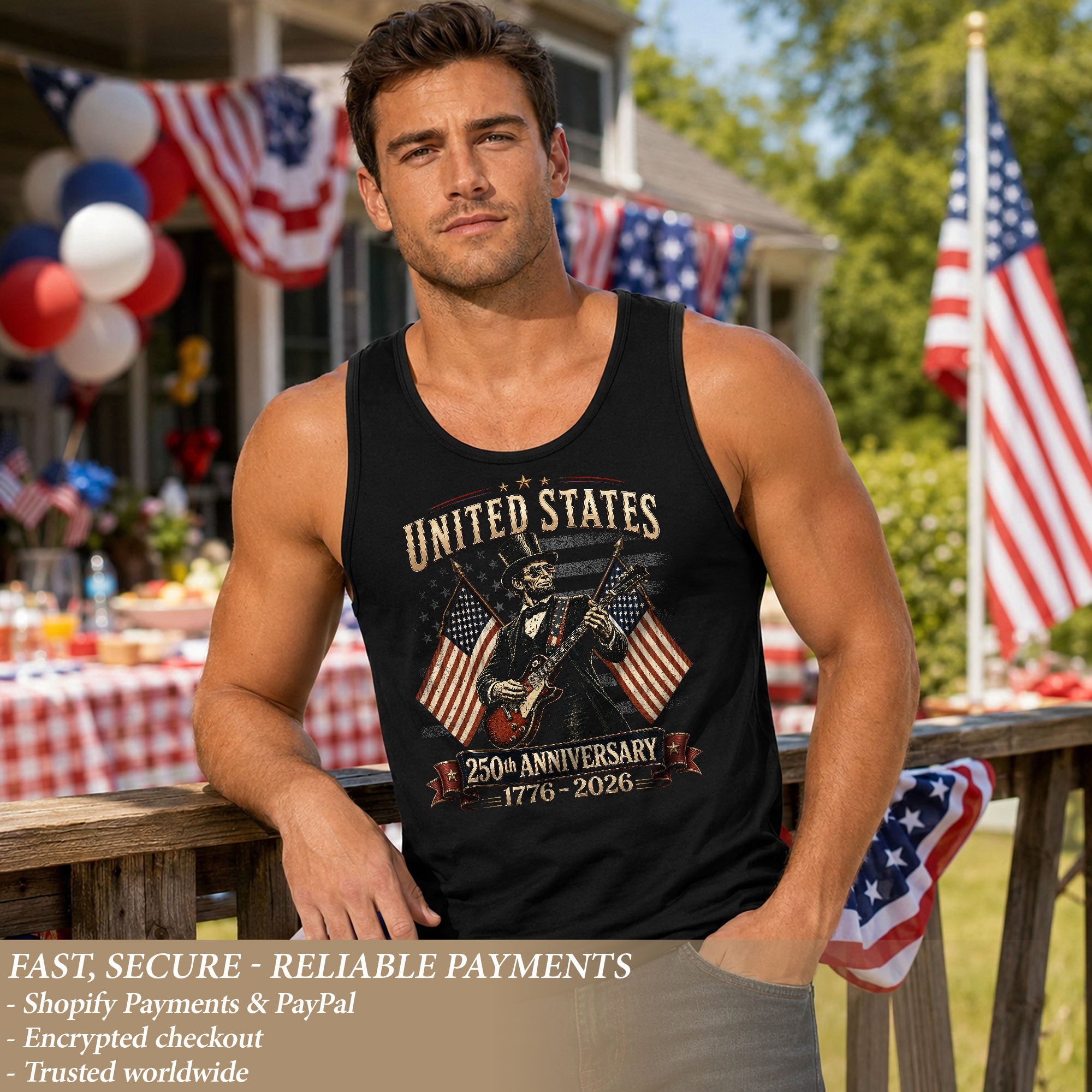 Rockstar Lincoln Guitar Men Tank Top - Retro Fireworks 1776 2026 Quarter Millennial Tee