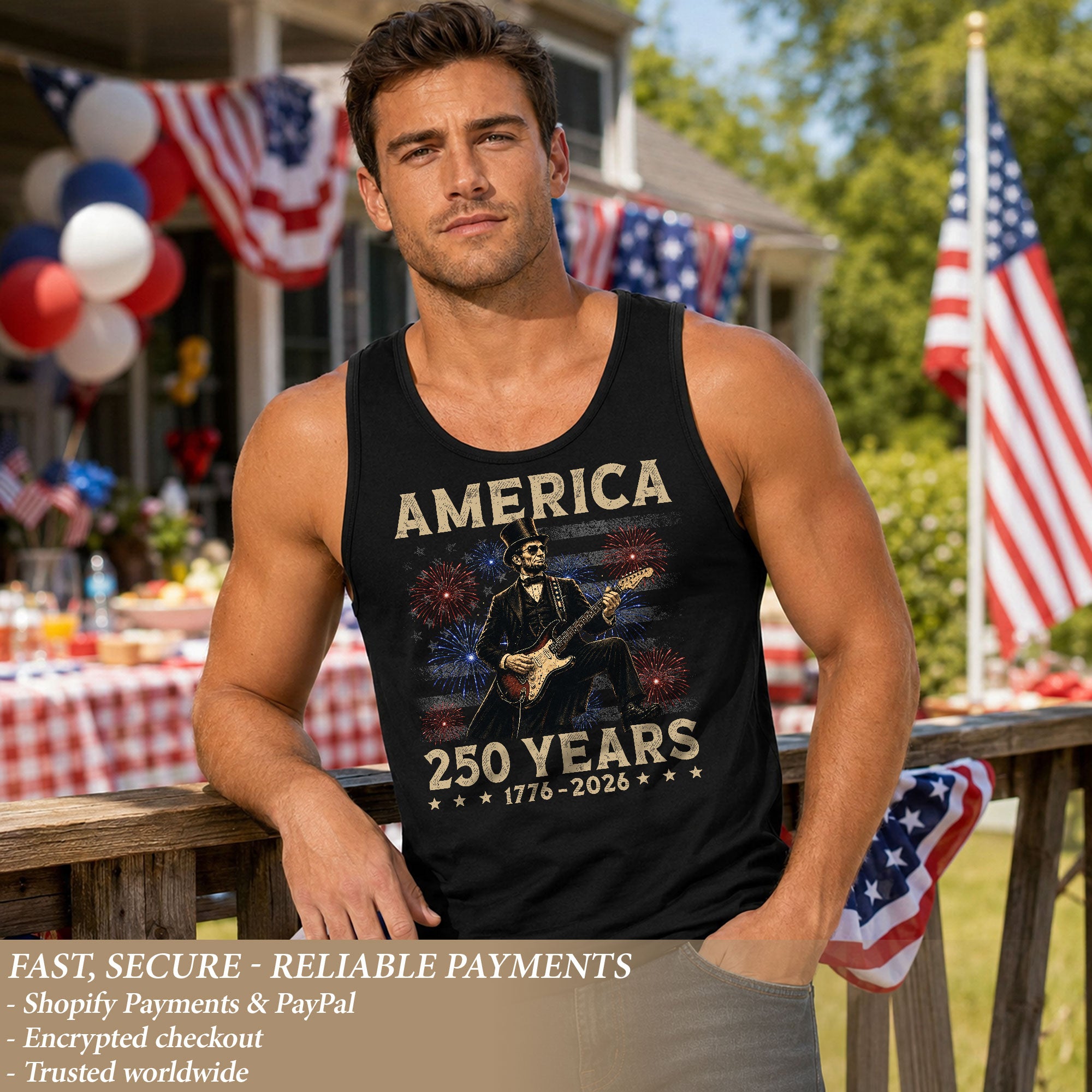 Honest Abe Guitar Men Tank Top - Patriotic Fireworks 1776 2026 Retro July 4th Mens Tee