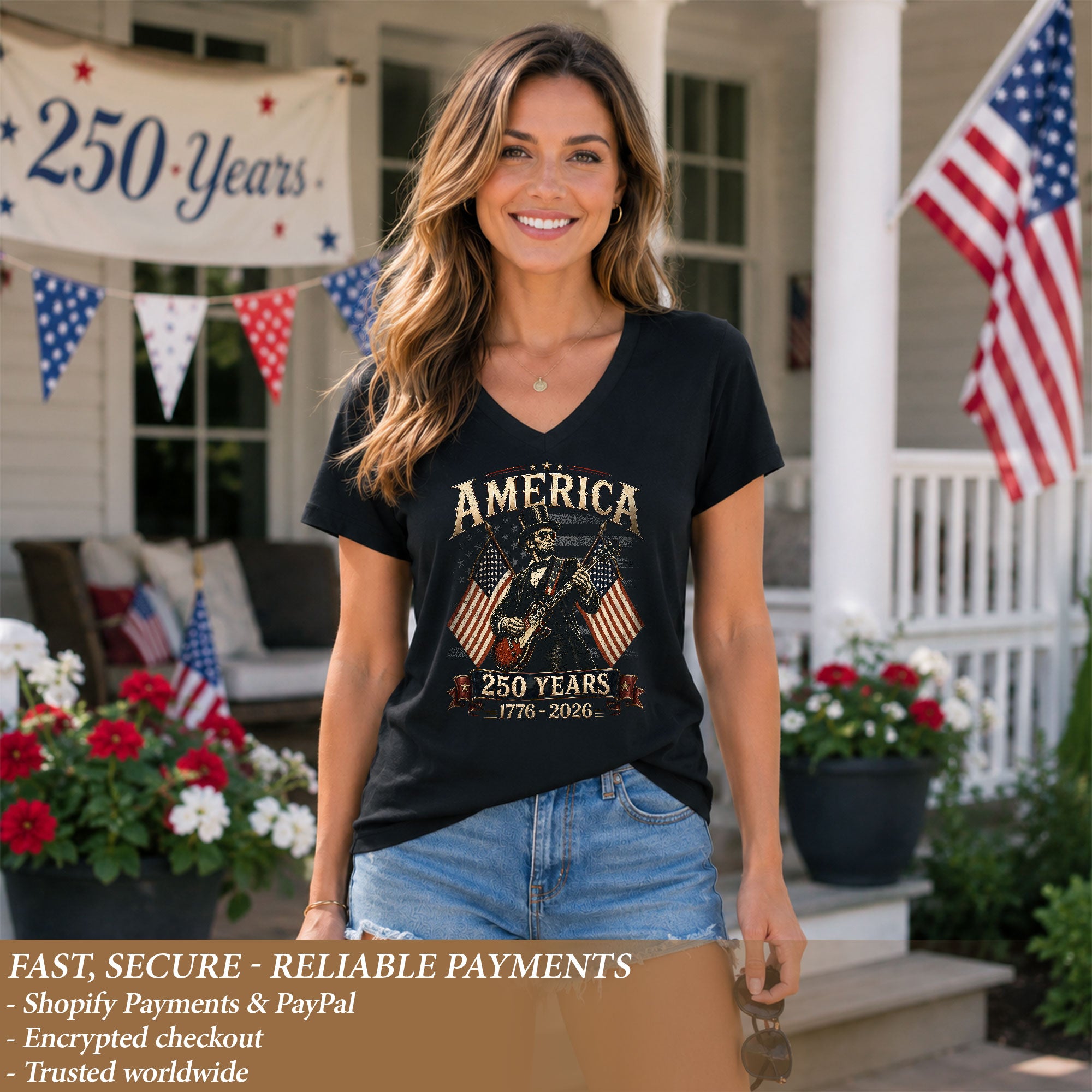 Patriotic 1776-2026 Lincoln Top Hat V-Neck Shirt - Women's Graphic Summer Tee Top