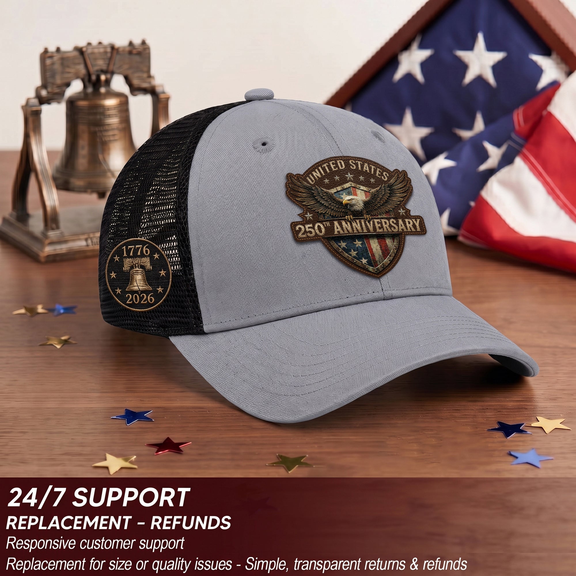 Leather Patch Hat US 250th Anniversary Trucker Cap Patriotic American Eagle Mesh Hat