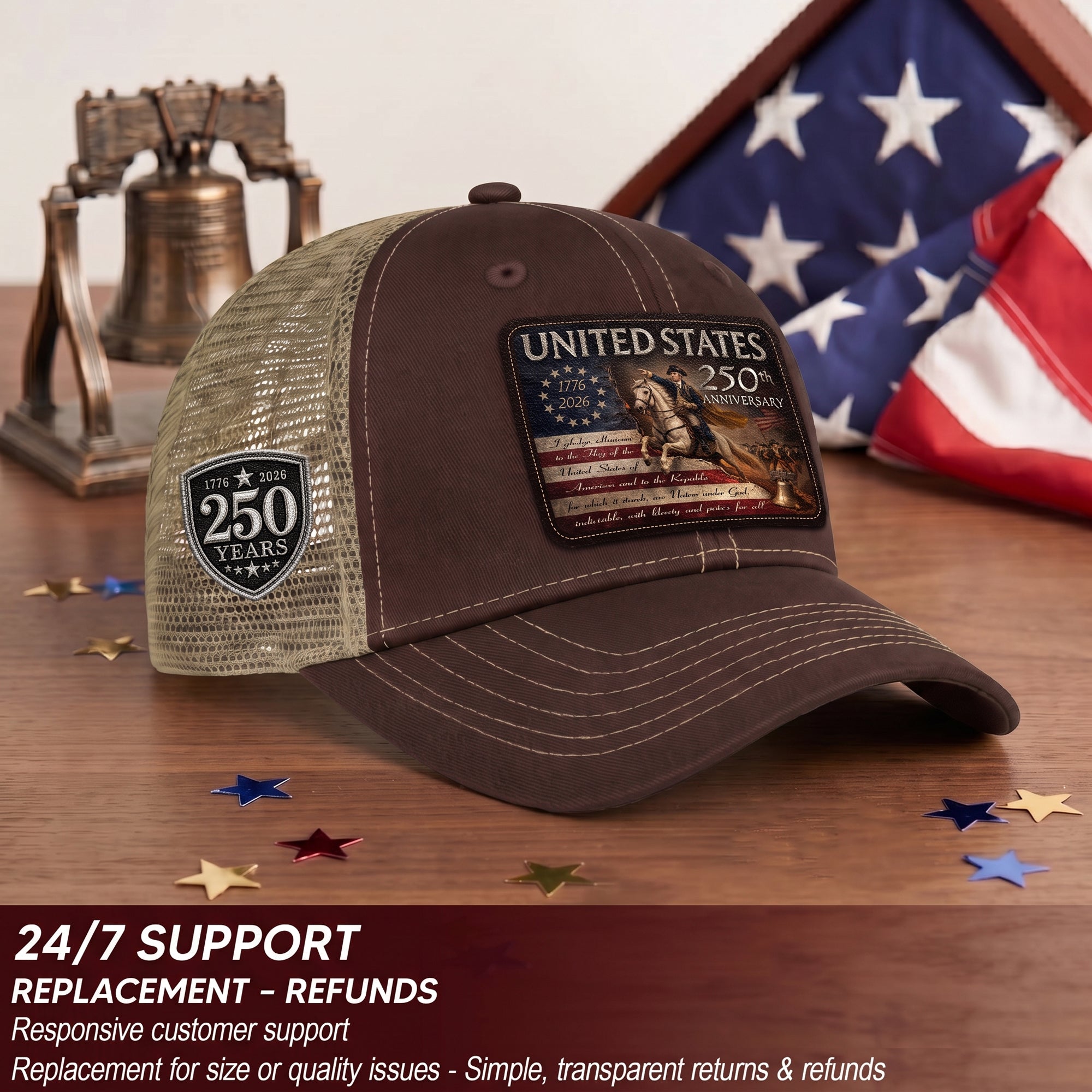 Leather Patch Hat US 250th Anniversary Trucker Cap George Washington Patriotic Hat