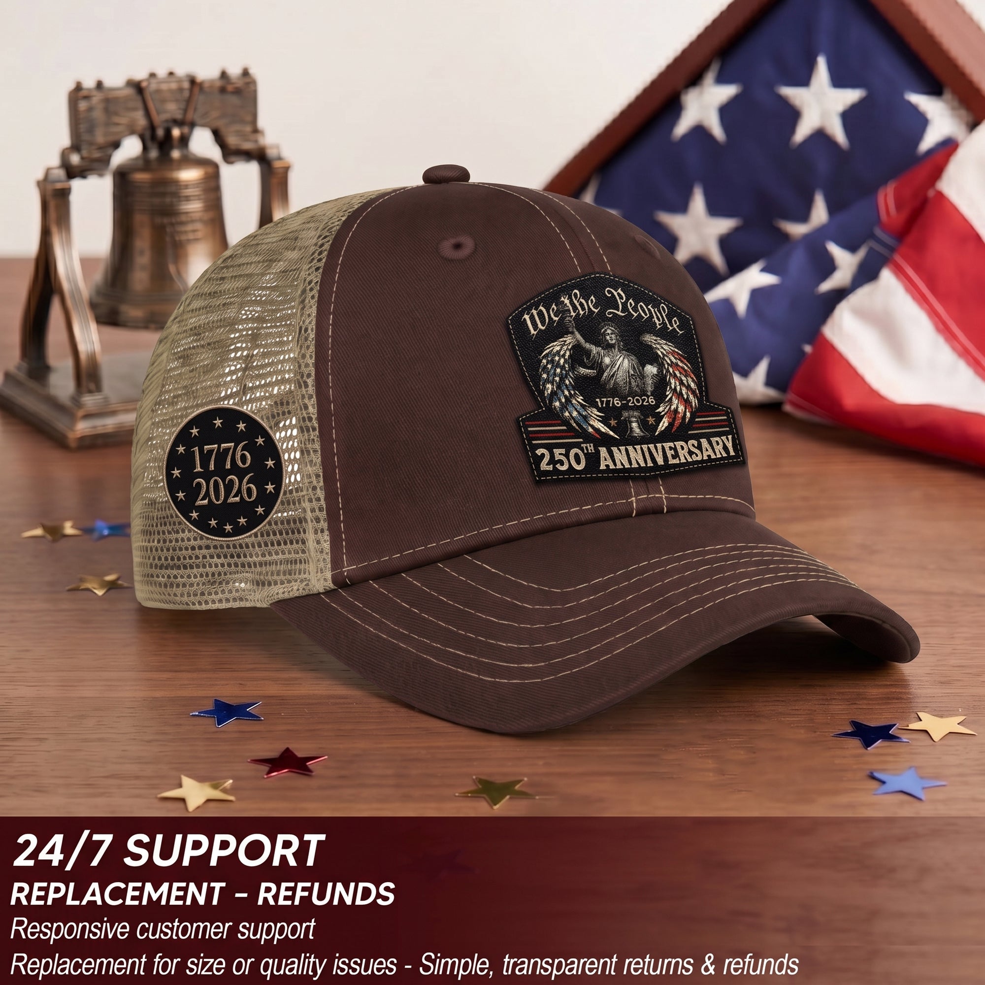 We The People Leather Patch Hat 250th Anniversary Trucker Cap Patriotic US Mesh Hat