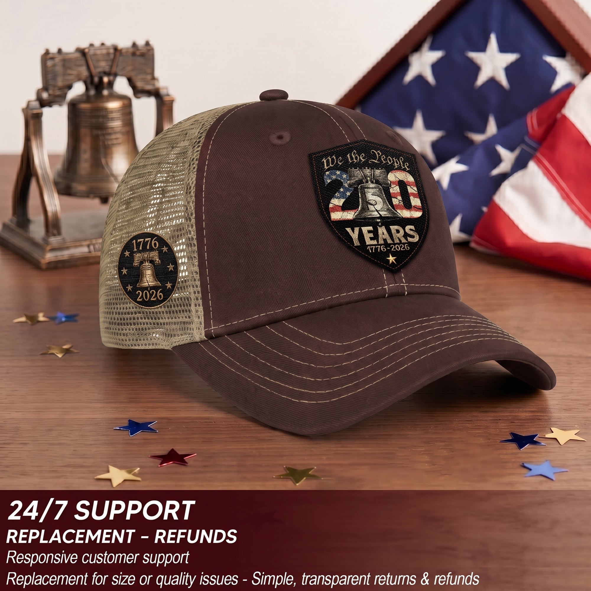 Leather Patch Hat 250 Years 1776 2026 Liberty Bell Trucker Cap Patriotic US Mesh Hat