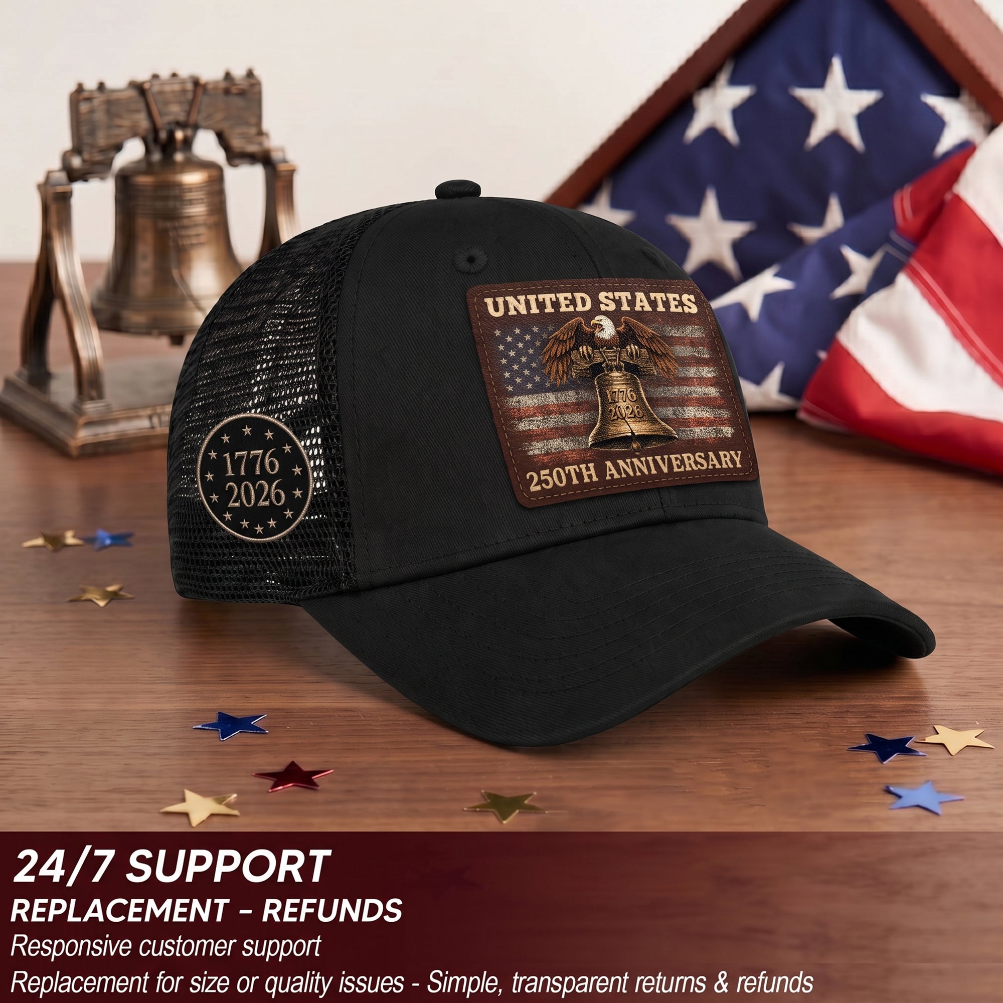 Patriotic Trucker Hat United States 250th Anniversary American Eagle Leather Patch Cap
