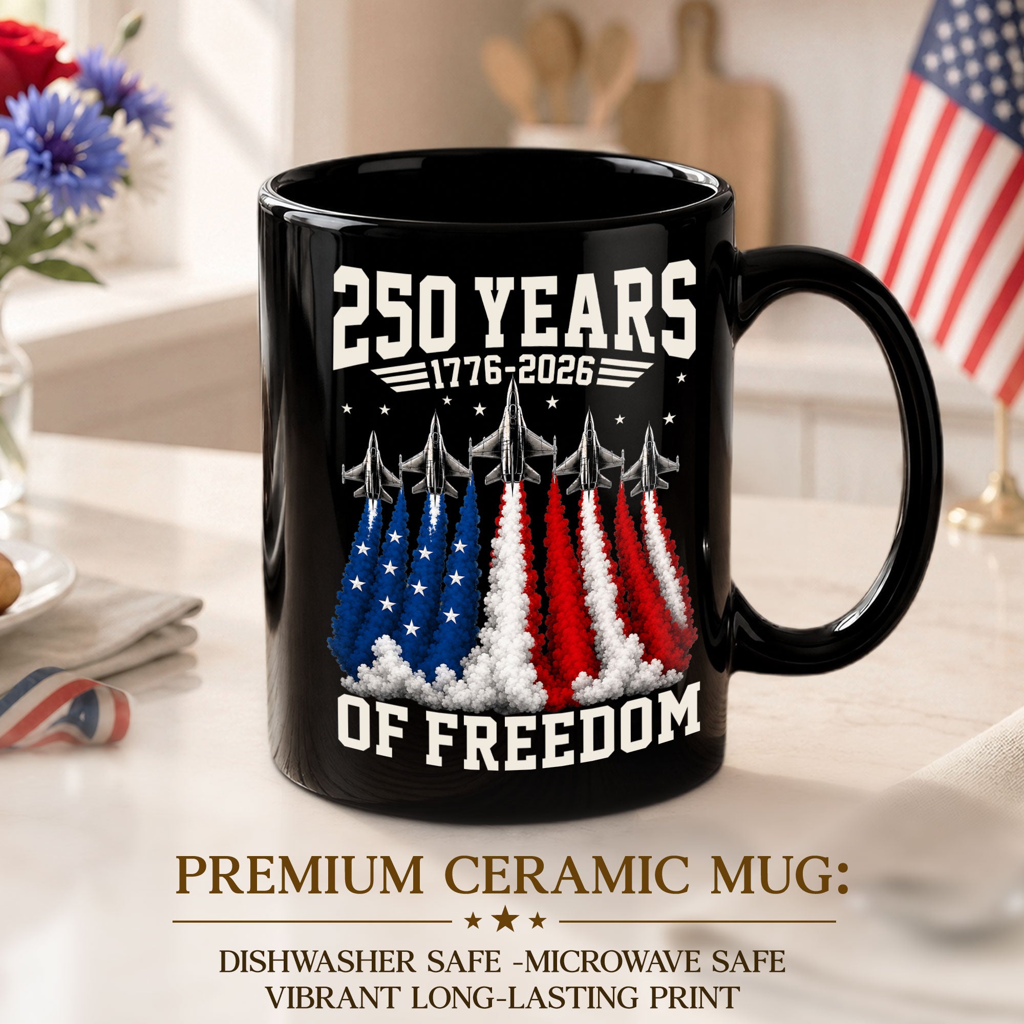 Patriotic Mug 250 Years of Freedom 1776-2026 Military Jet American Liberty Ceramic Gift