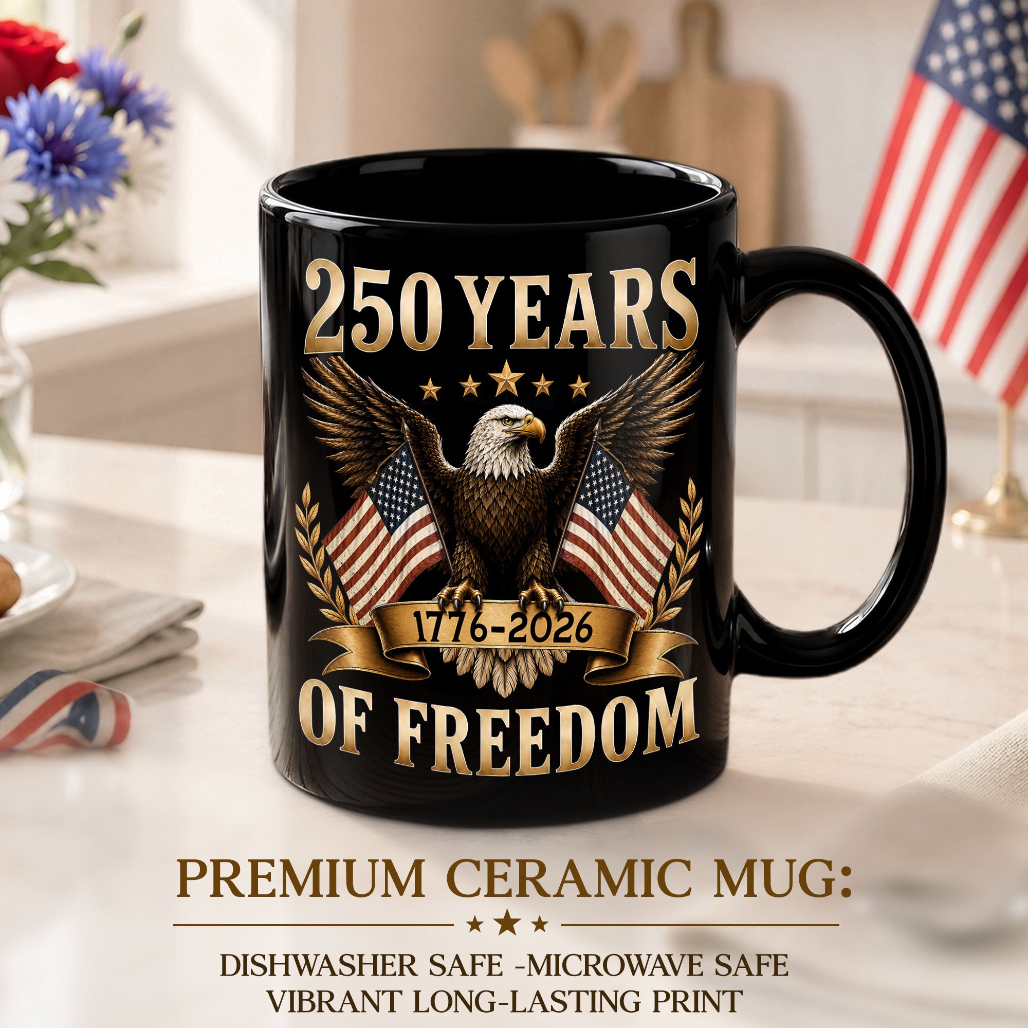 Patriotic Mug 250 Years of Freedom 1776-2026 American Eagle Gold Laurel Ceramic Cup
