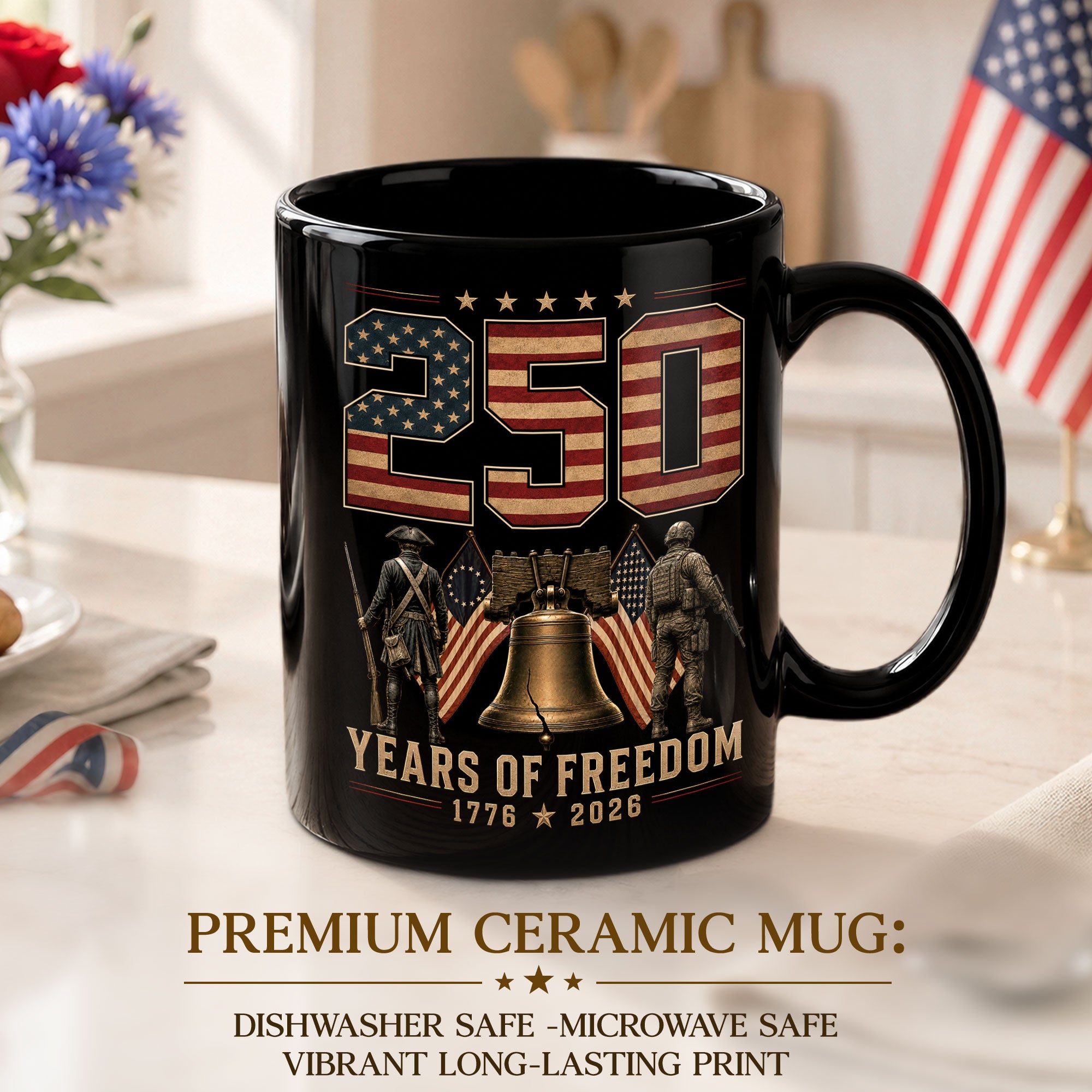 250 Years of Freedom Mug Liberty Bell Patriotic 1776-2026 Revolutionary Soldier Ceramic Cup