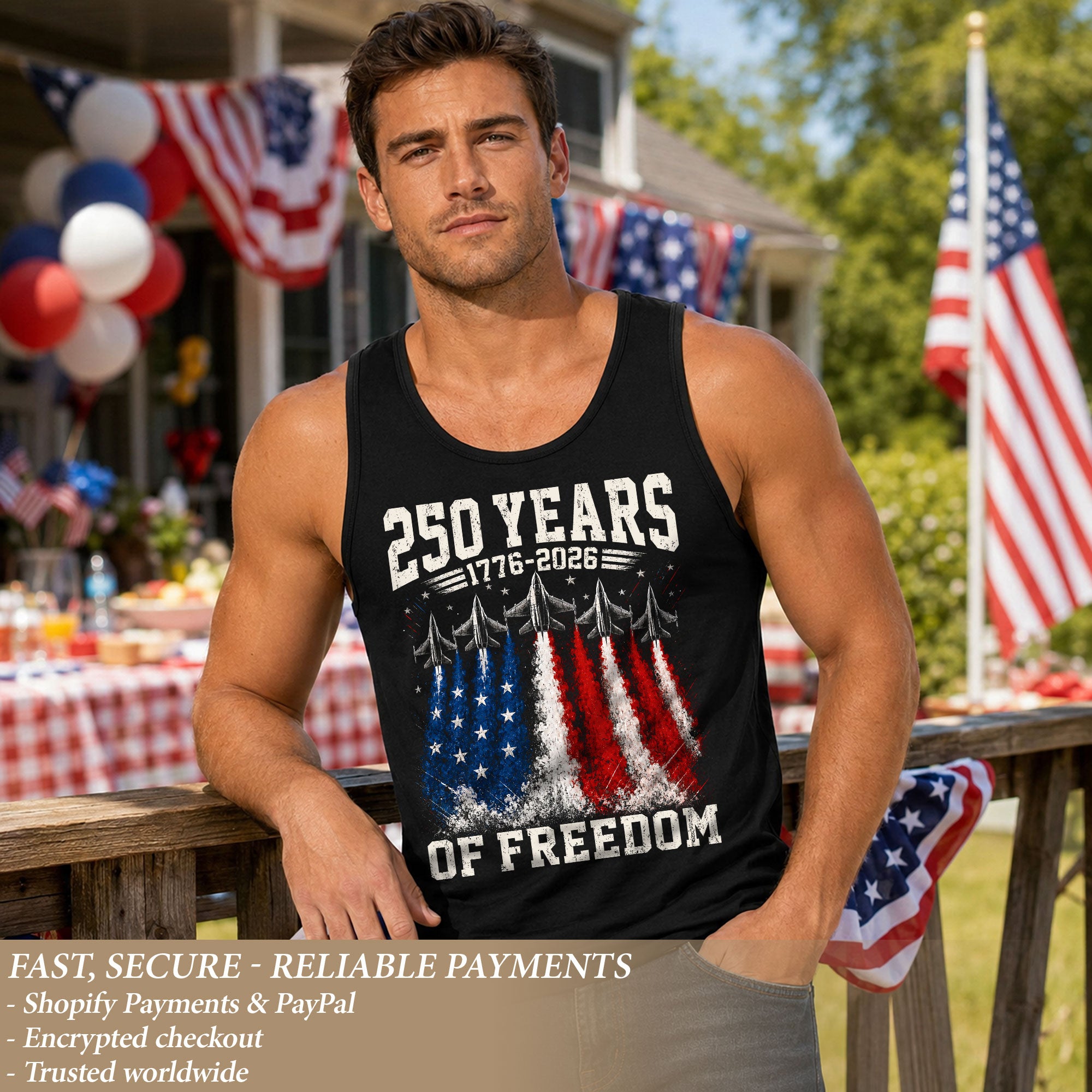 Men Tank Top 250 Years of Freedom Shirt 1776 2026 Fighter Jet Patriotic Graphic Tee