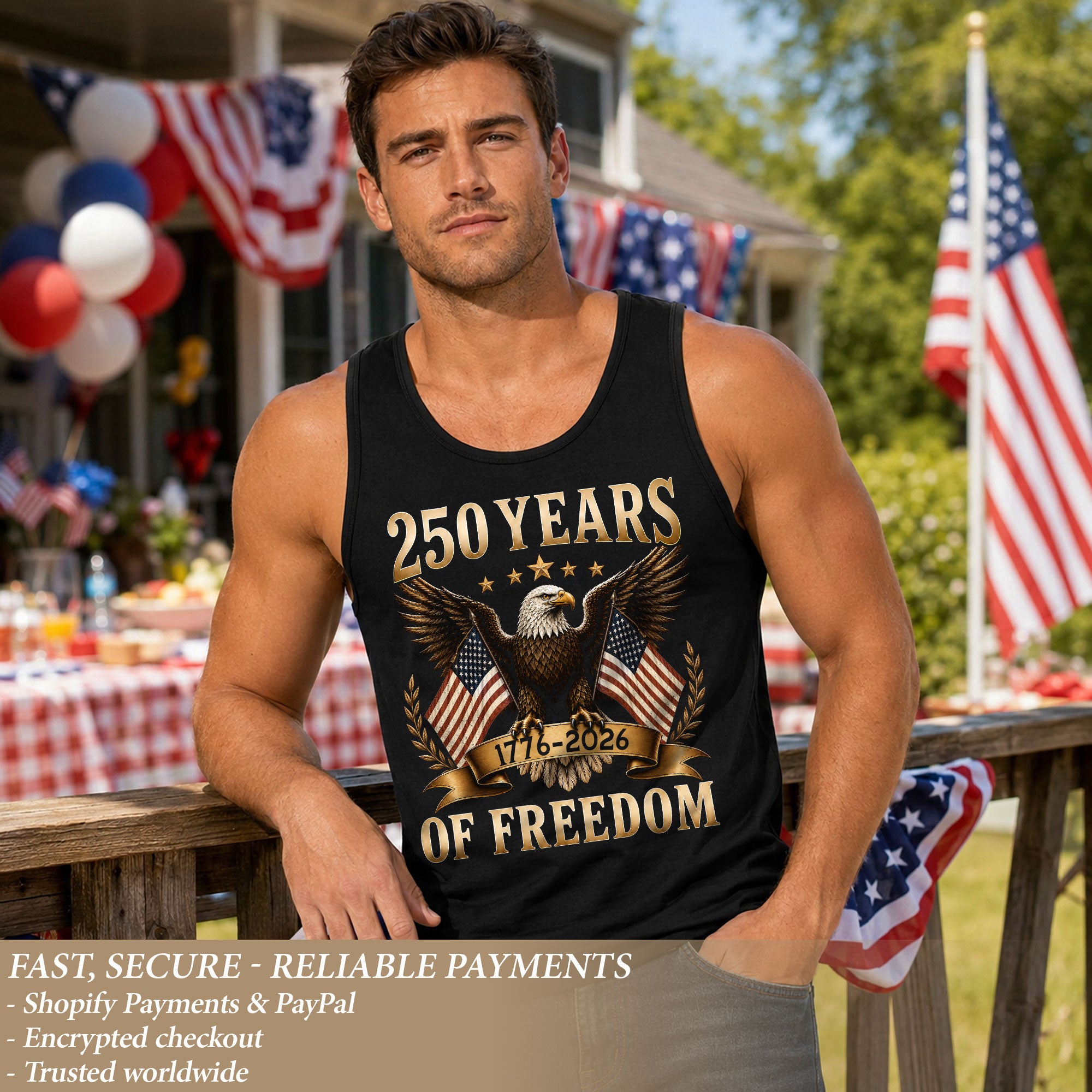 Men Tank Top 250 Years of Freedom Shirt 1776 2026 Gold Eagle Patriotic US Flag Tee