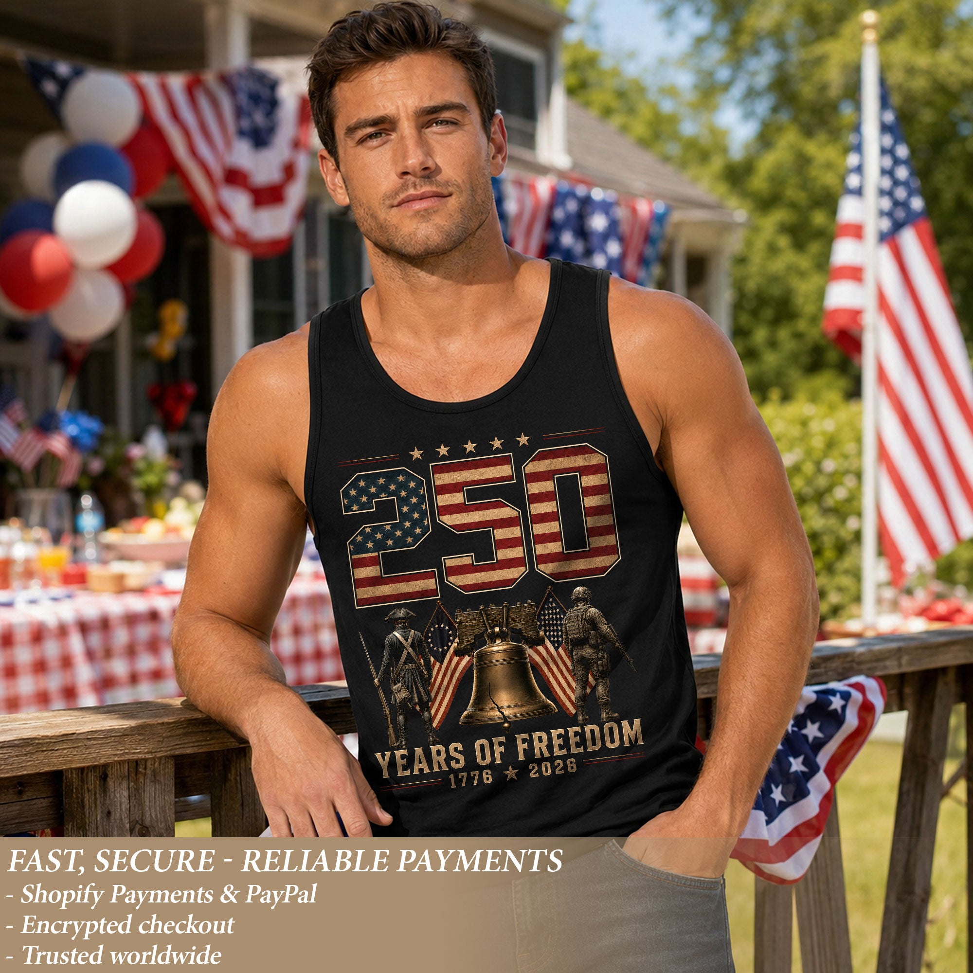 Men Tank Top 250 Years of Freedom Shirt 1776 2026 Liberty Bell Patriotic Soldier Tee