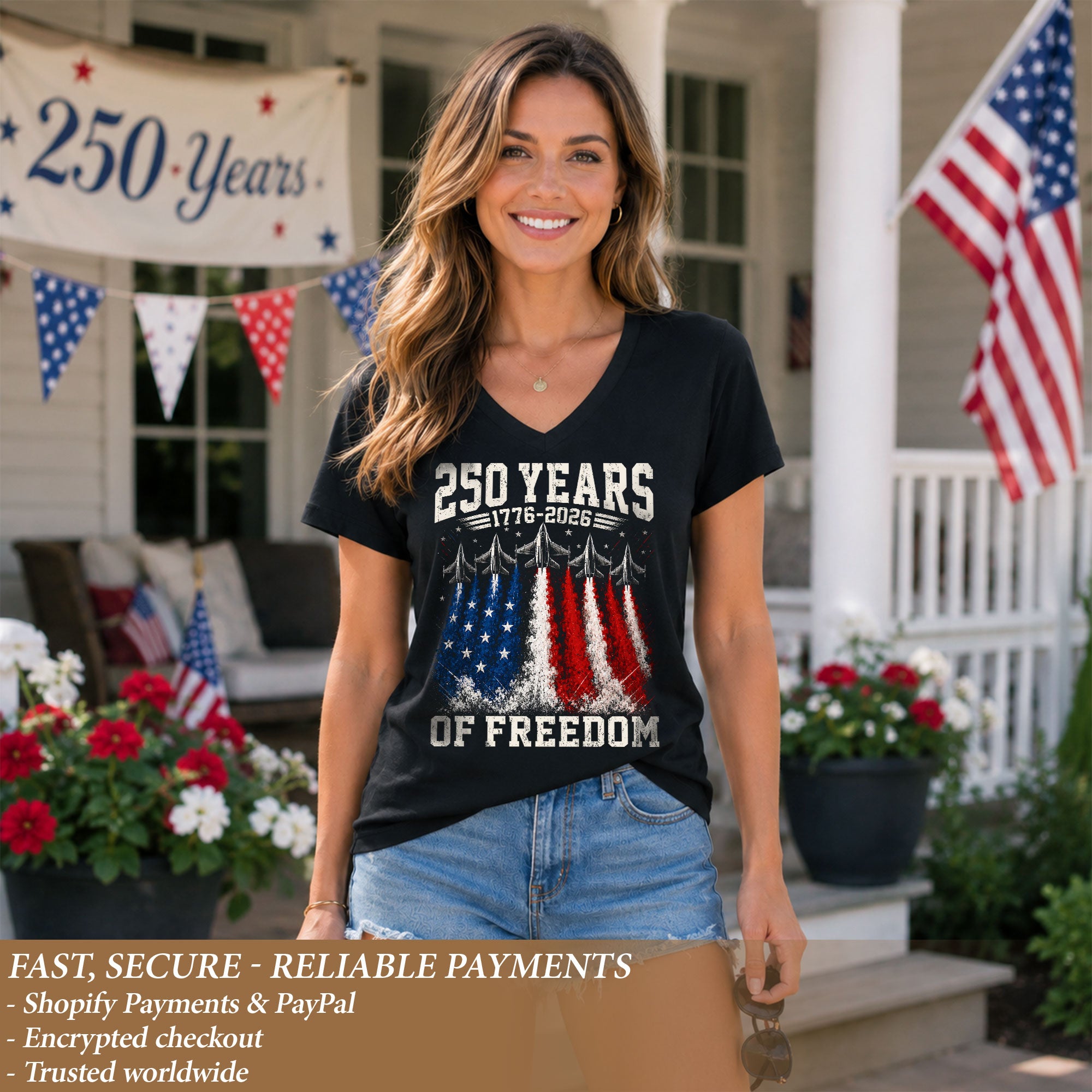 Women V Neck 250 Years of Freedom Shirt 1776 2026 Fighter Jet Patriotic Graphic Tee