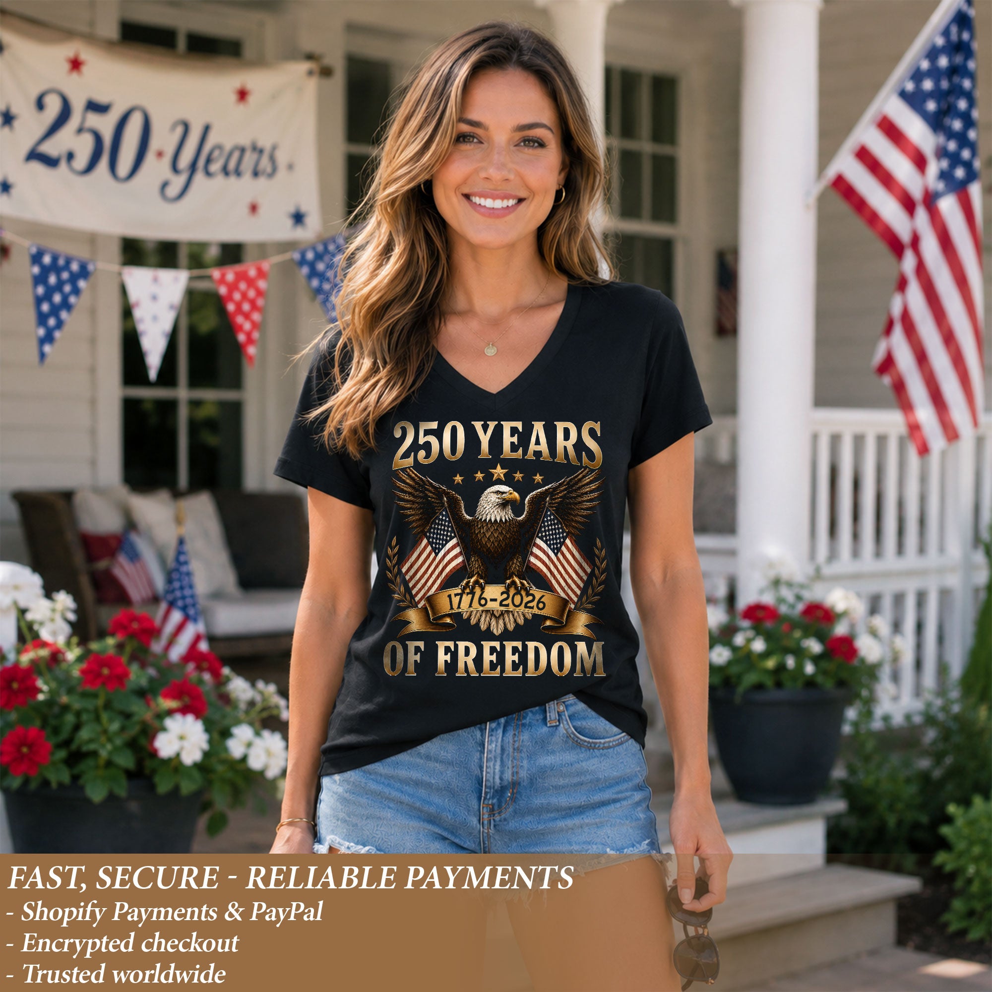 Women V Neck 250 Years of Freedom Shirt 1776 2026 Gold Eagle Patriotic US Flag Tee