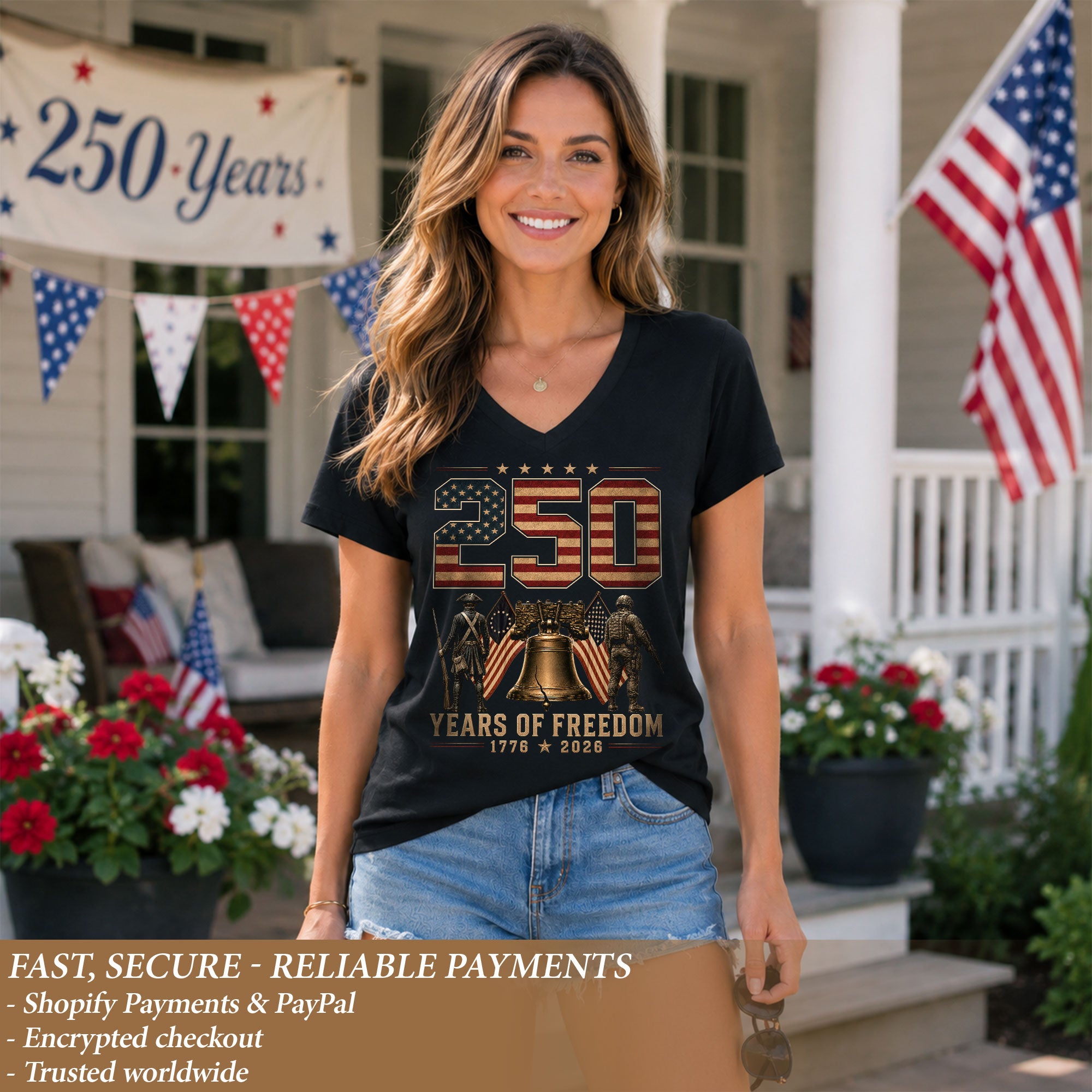 Women V Neck 250 Years of Freedom Shirt 1776 2026 Liberty Bell Patriotic Soldier Tee