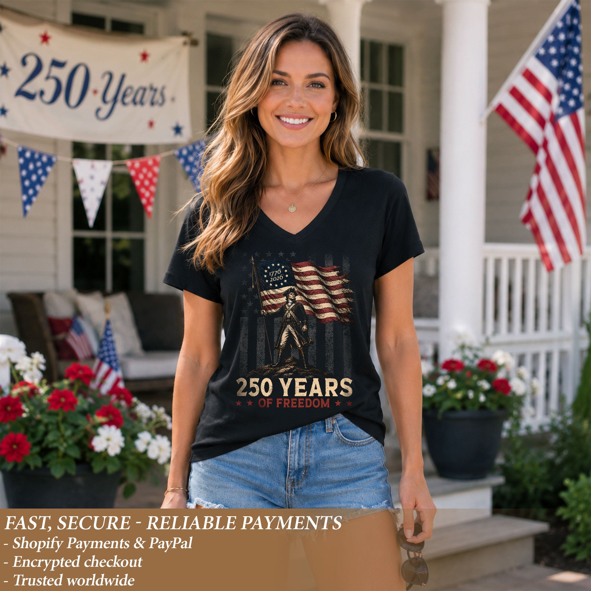 Women V Neck 250 Years of Freedom T-Shirt Patriotic Betsy Ross US Flag Graphic Top