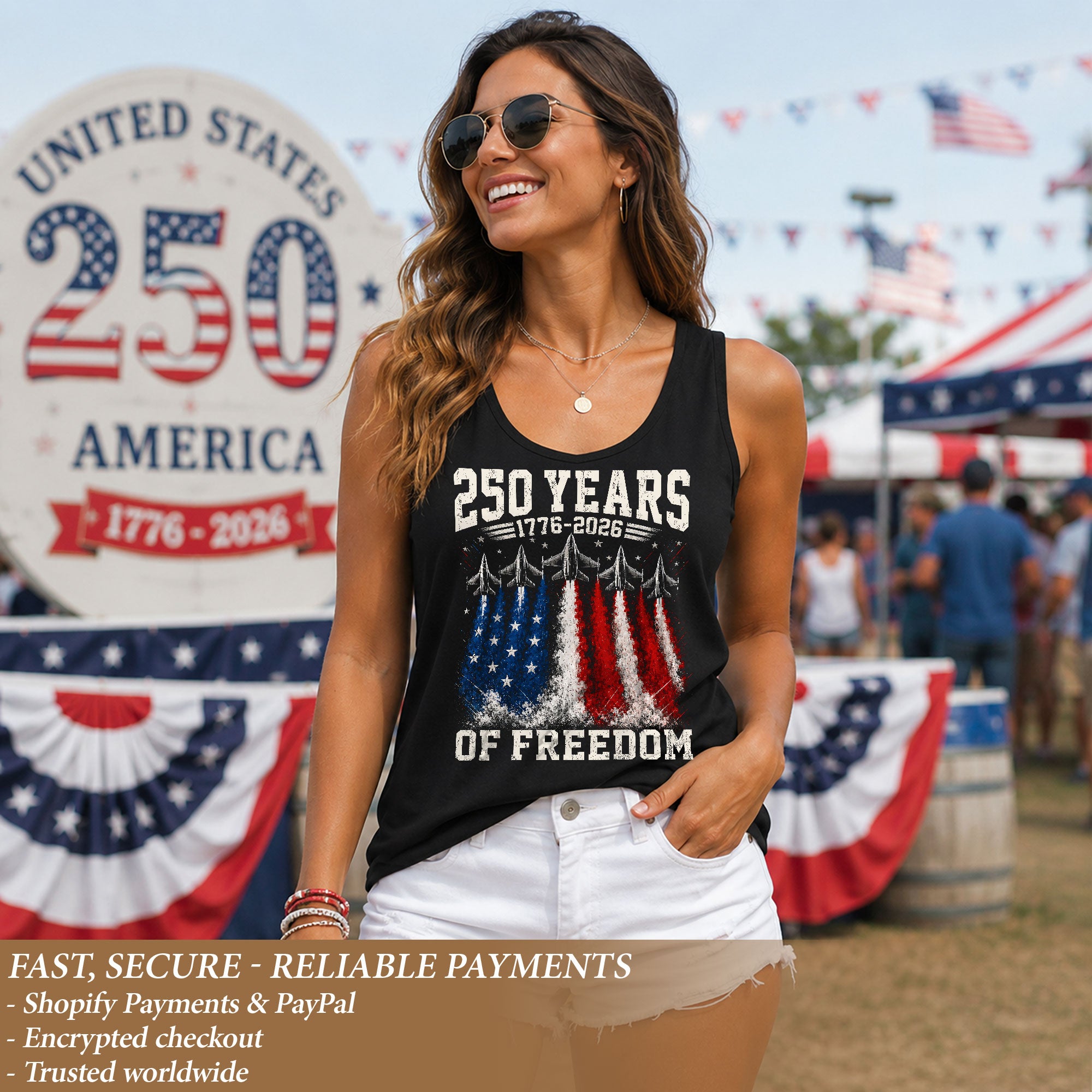 Women Tank Top 250 Years of Freedom Shirt 1776 2026 Fighter Jet Patriotic Graphic Tee