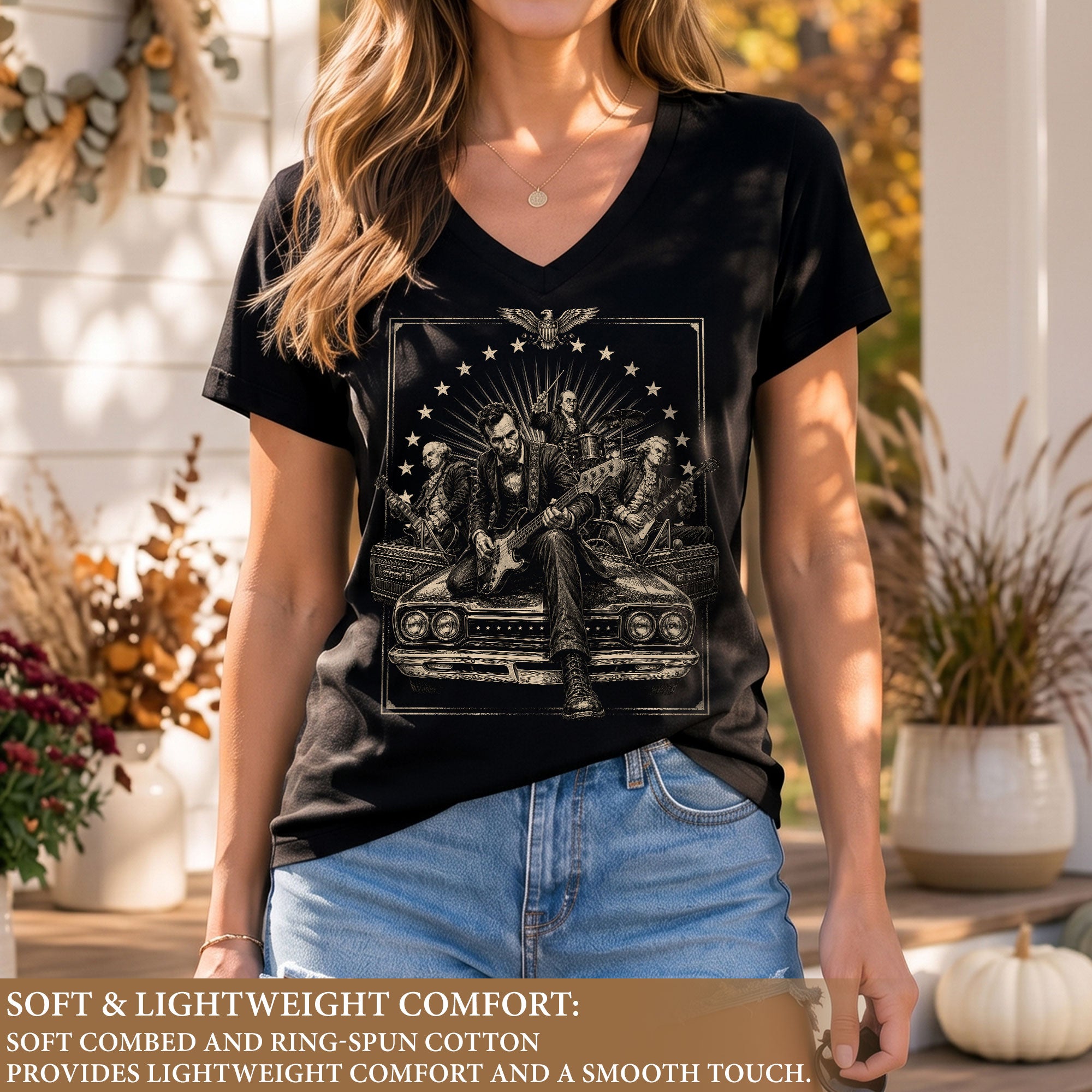 Lincoln Playing Guitar Vintage V-Neck Graphic T Shirt Patriotic Band Women's Top