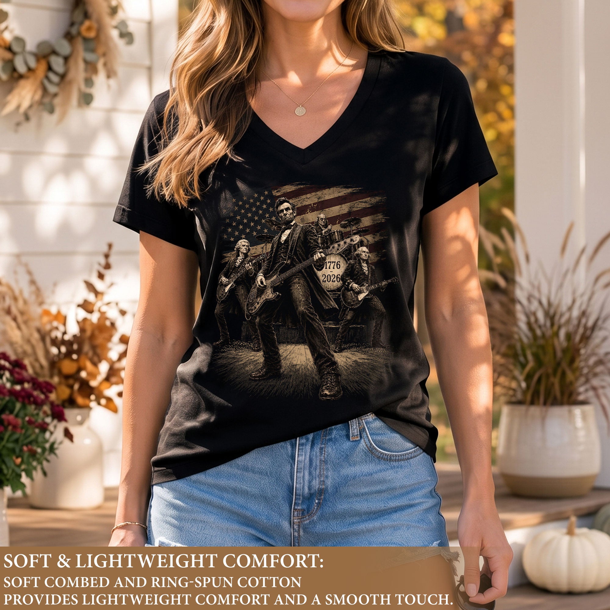 Lincoln & Founders Rock Band V-Neck T Shirt Patriotic 1776-2026 Graphic Women's Top