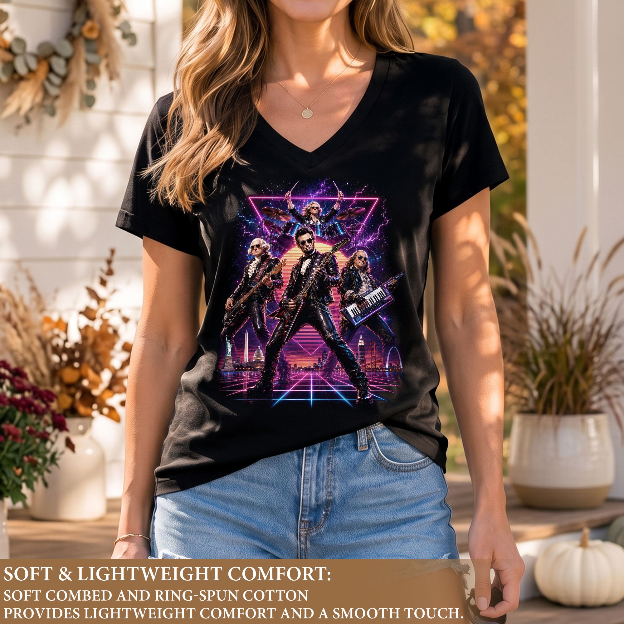 Presidential Rockers Synthwave V-Neck Graphic Shirt Patriotic Women's Casual Tee