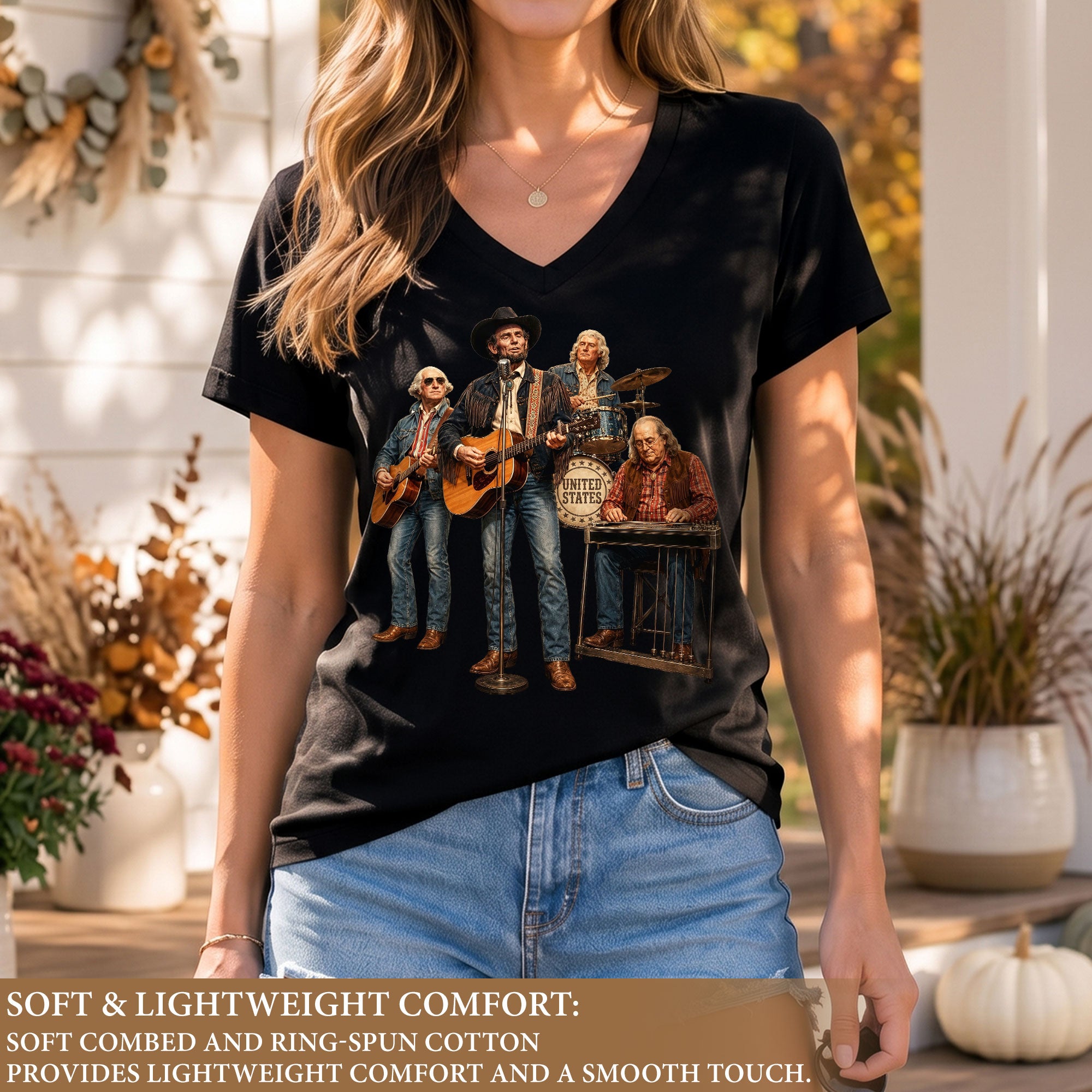 Presidential Country Music Band V-Neck Graphic Shirt Patriotic Women's Apparel Top