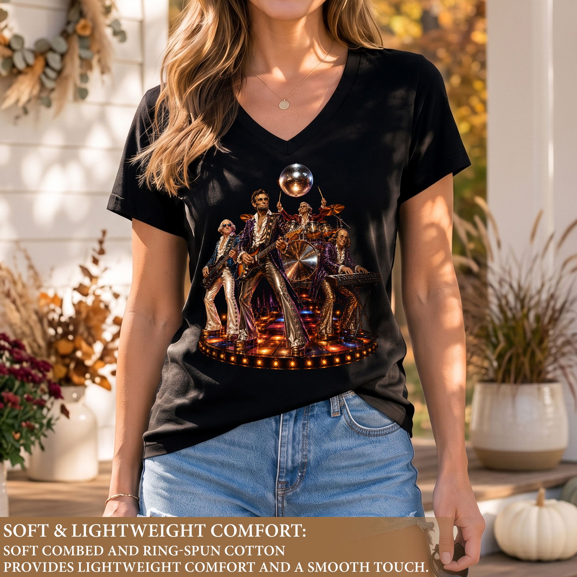 Unique Presidential Disco Music V-Neck Graphic T-Shirt Patriotic Women's Casual Wear