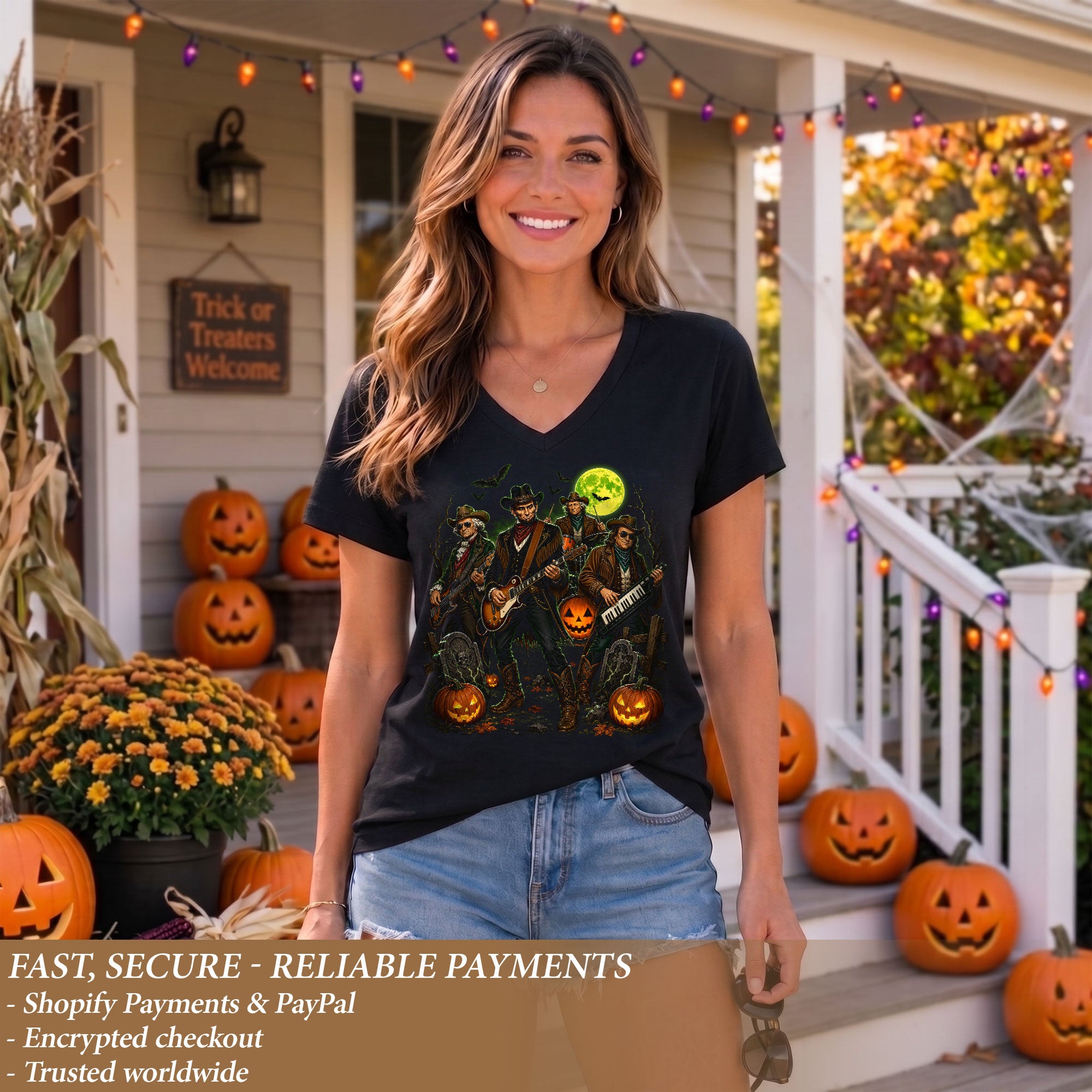 Halloween Lincoln Playing Guitar V-Neck Shirt Women Spooky Historical Rock Band Tee