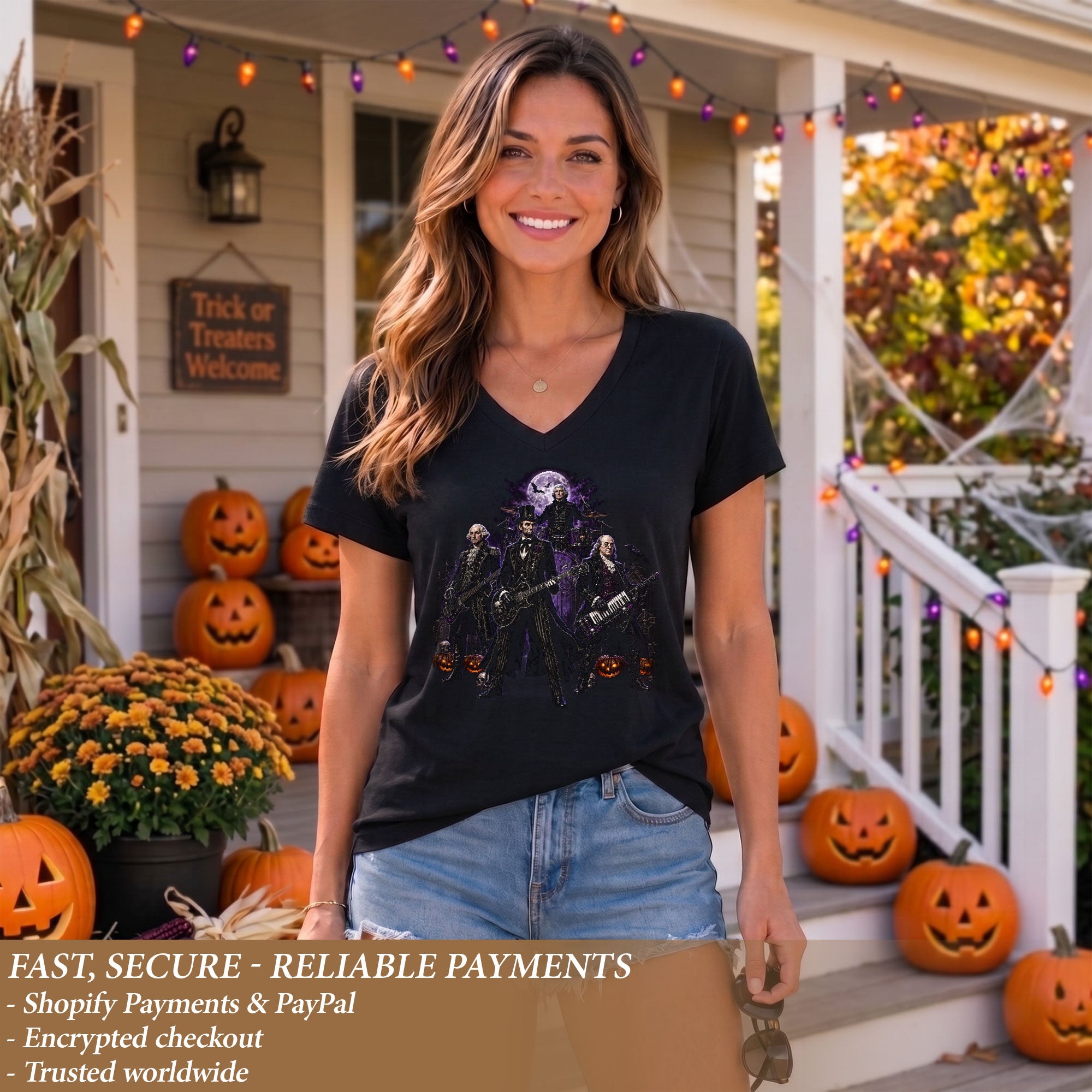 Founding Fathers Rock Band Halloween V-Neck Shirt Women Lincoln Playing Guitar Tee