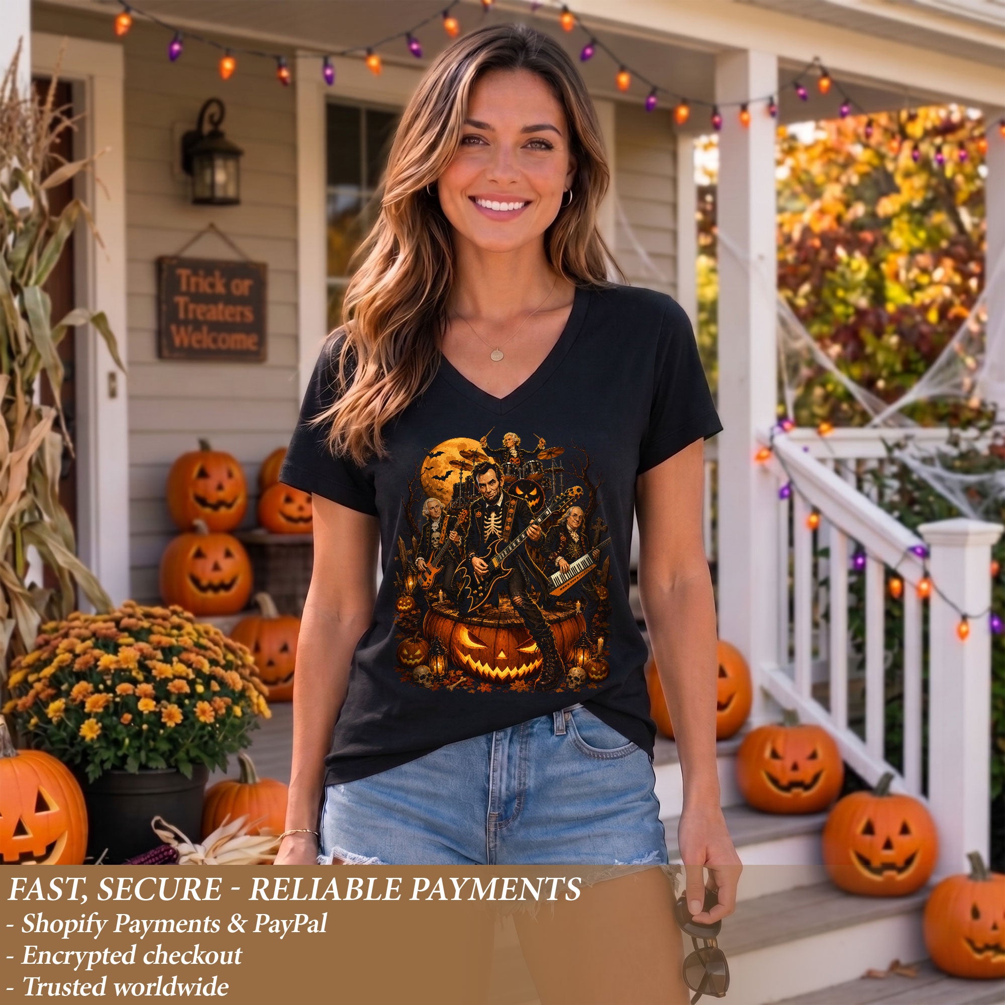 Lincoln Skeleton Guitar Halloween V-Neck Shirt Women Spooky Giant Pumpkin Band Tee