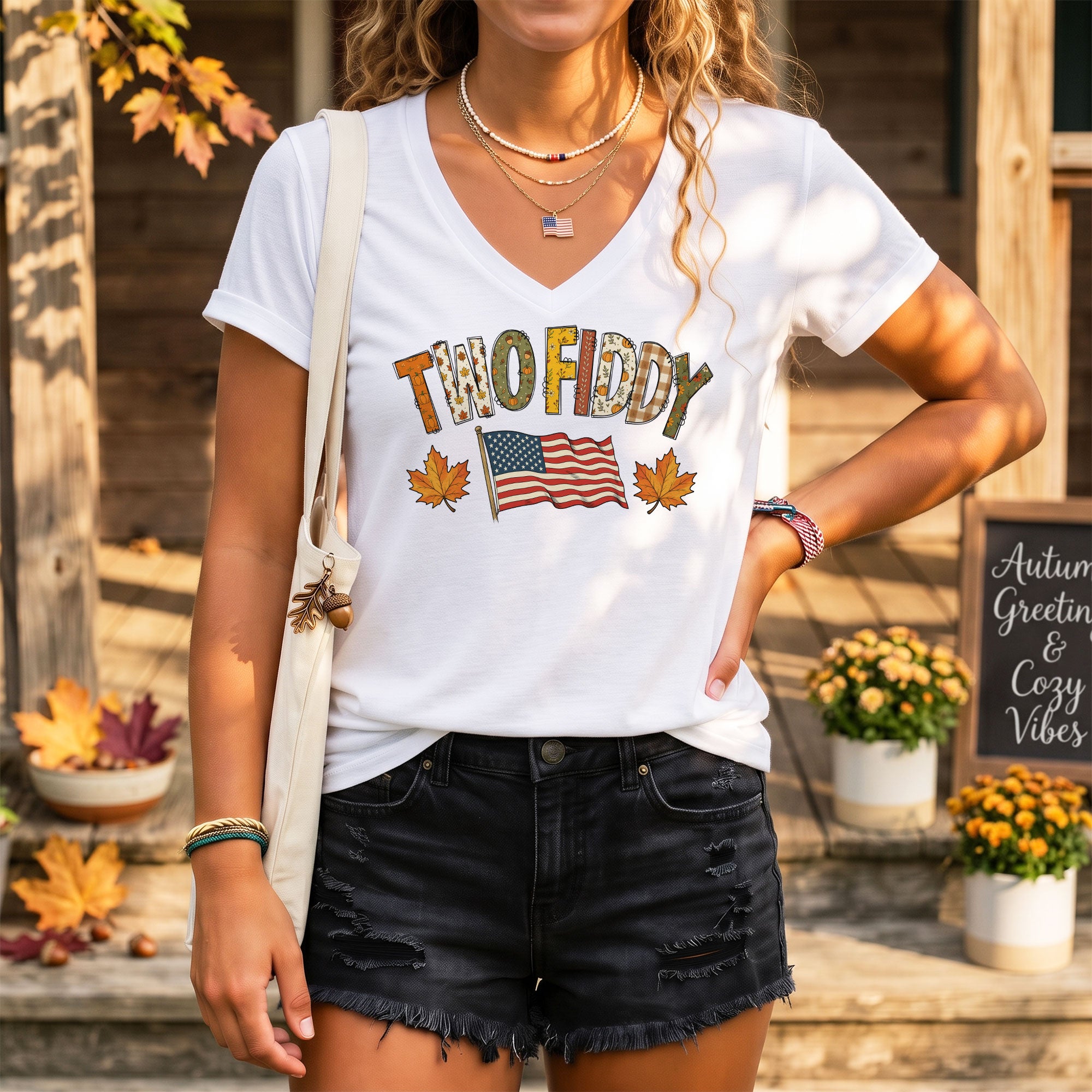 Two Fiddy Fall Flag Graphic V-Neck T-Shirt Patriotic Autumn Women's Casual Fashion Top