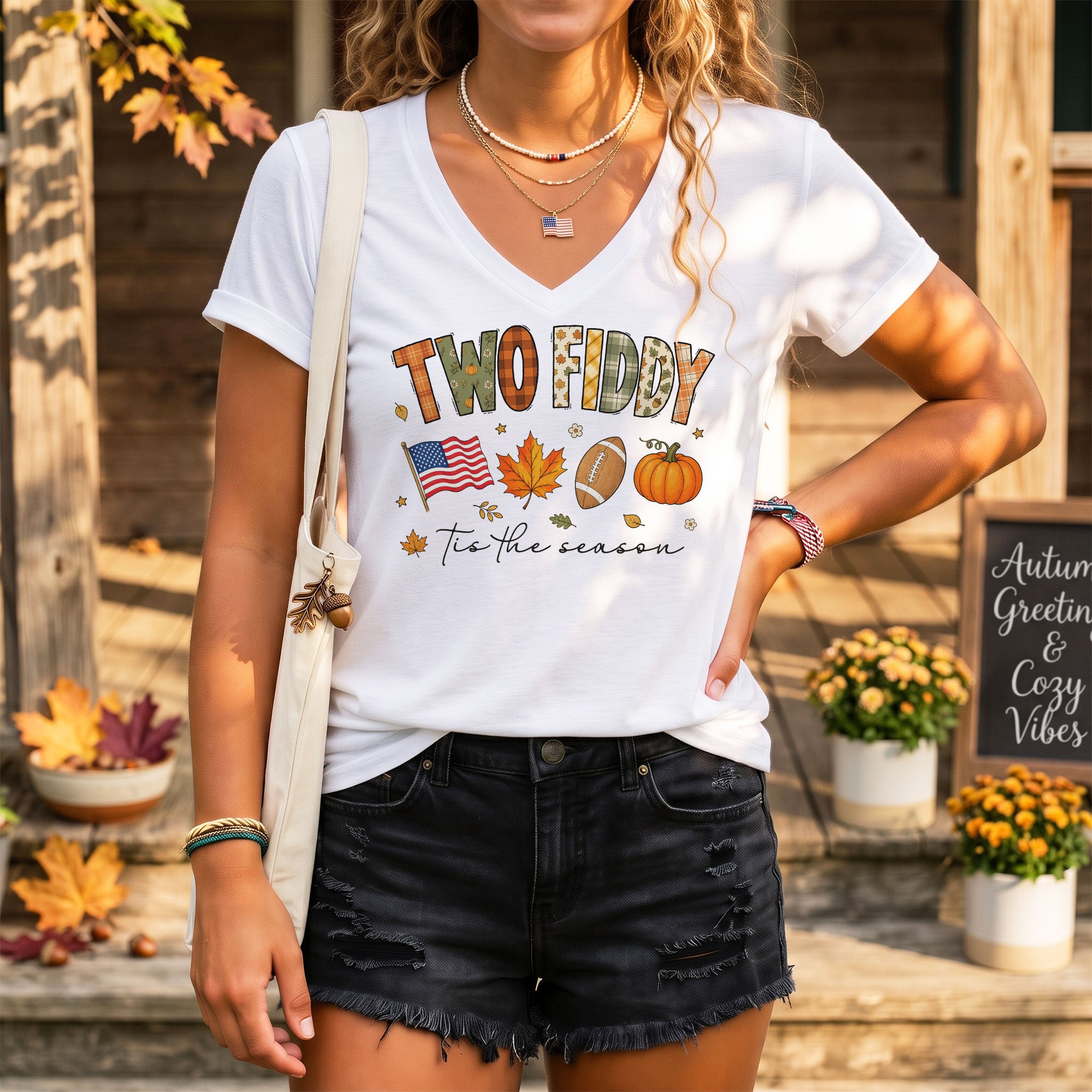 Two Fiddy Patriotic Fall Graphic V-Neck Shirt Seasonal USA Flag Women's Casual Wear