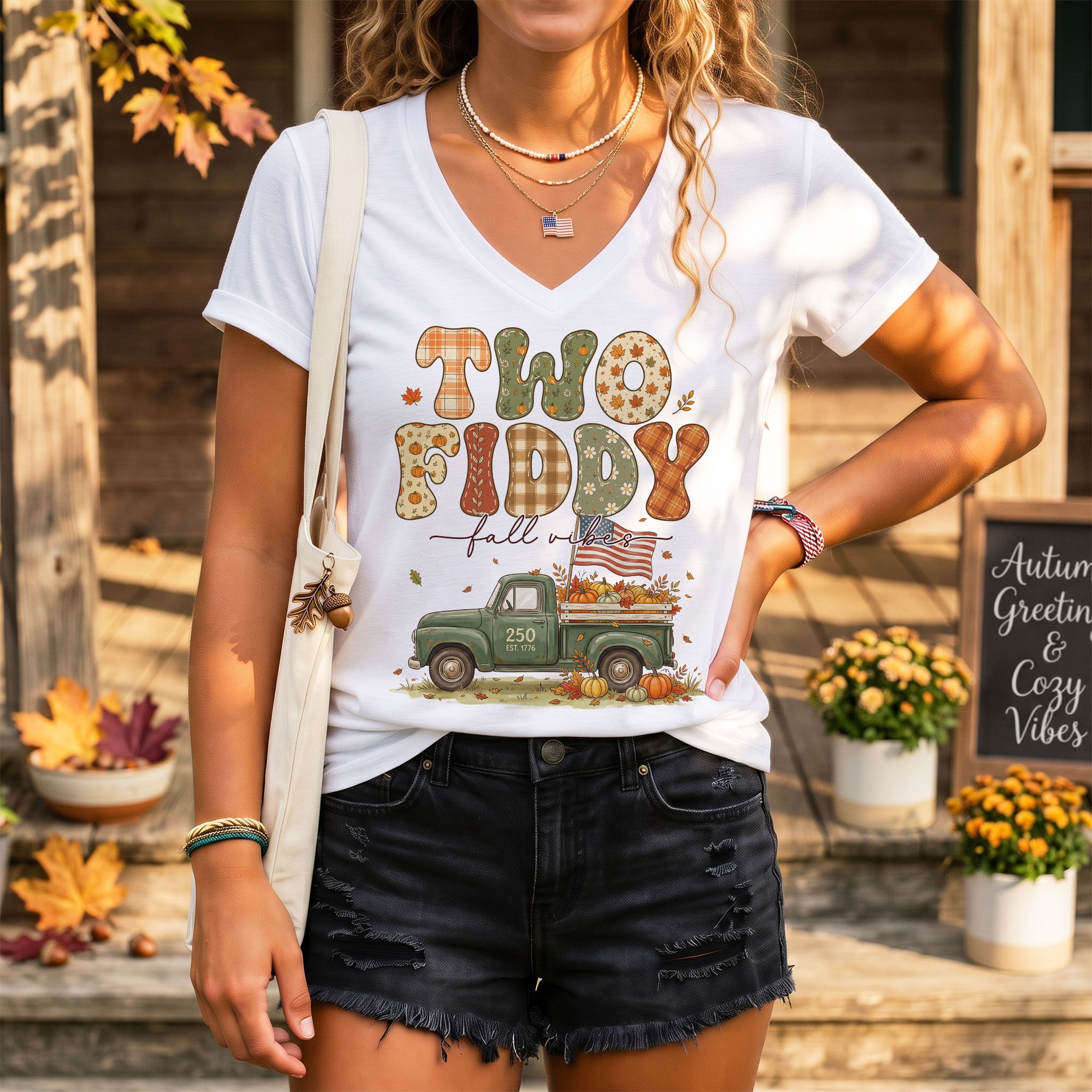 Two Fiddy Fall Vibes V-Neck Graphic T-Shirt Pumpkin Truck Patriotic Women's Casual Top