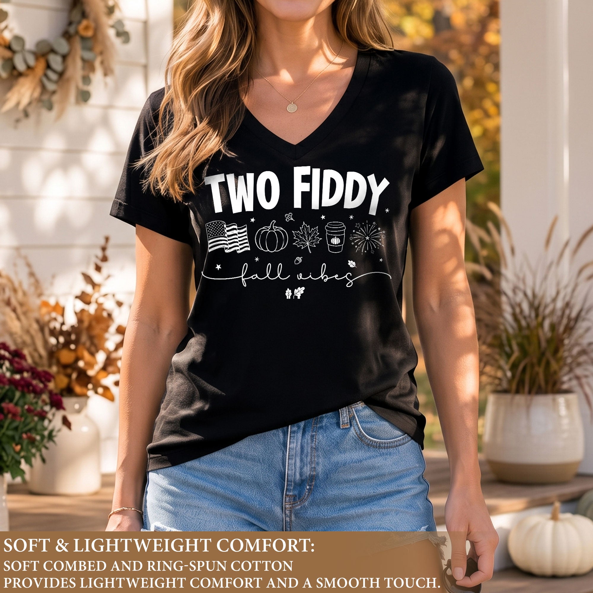 Seasonal Two Fiddy Graphic V-Neck Shirt USA Flag Fall Vibes Women's Casual Apparel
