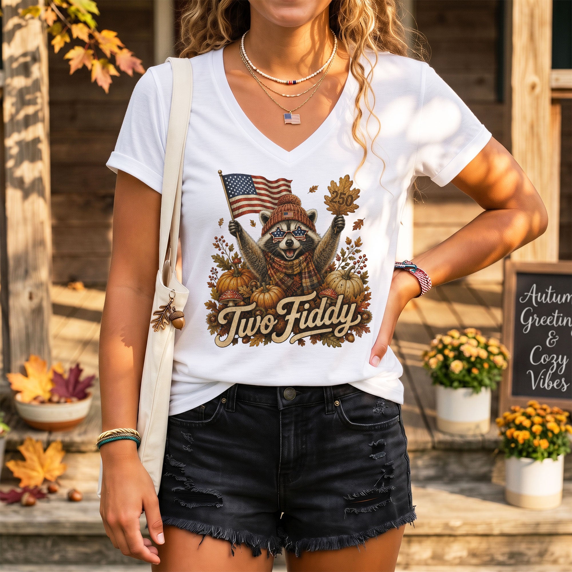 Autumn Seasonal Two Fiddy Graphic V-Neck Tee USA Flag Raccoon Women's Casual Style Shirt