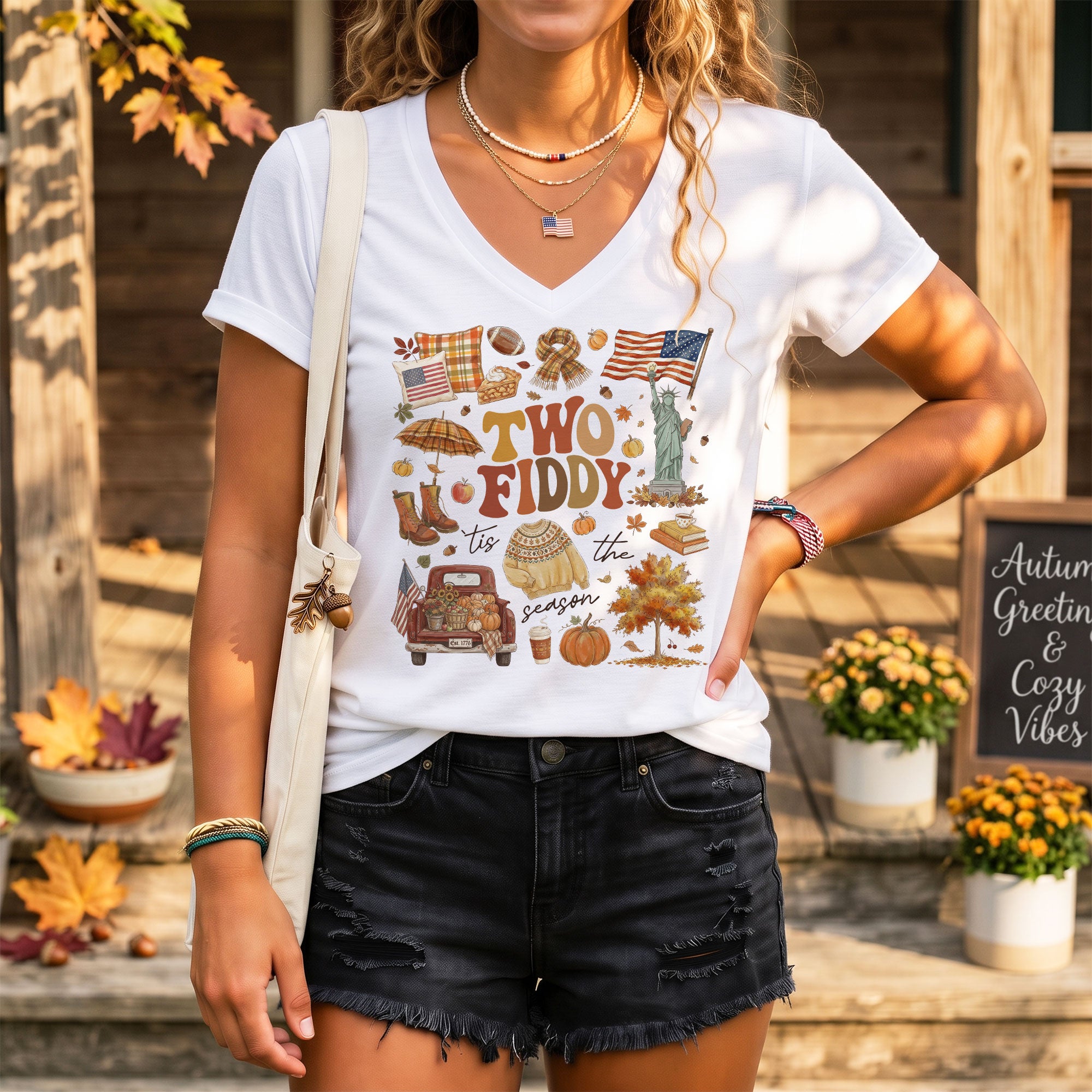 Two Fiddy Patriotic Autumn Graphic V-Neck T-Shirt Seasonal Women's Casual Style Shirt