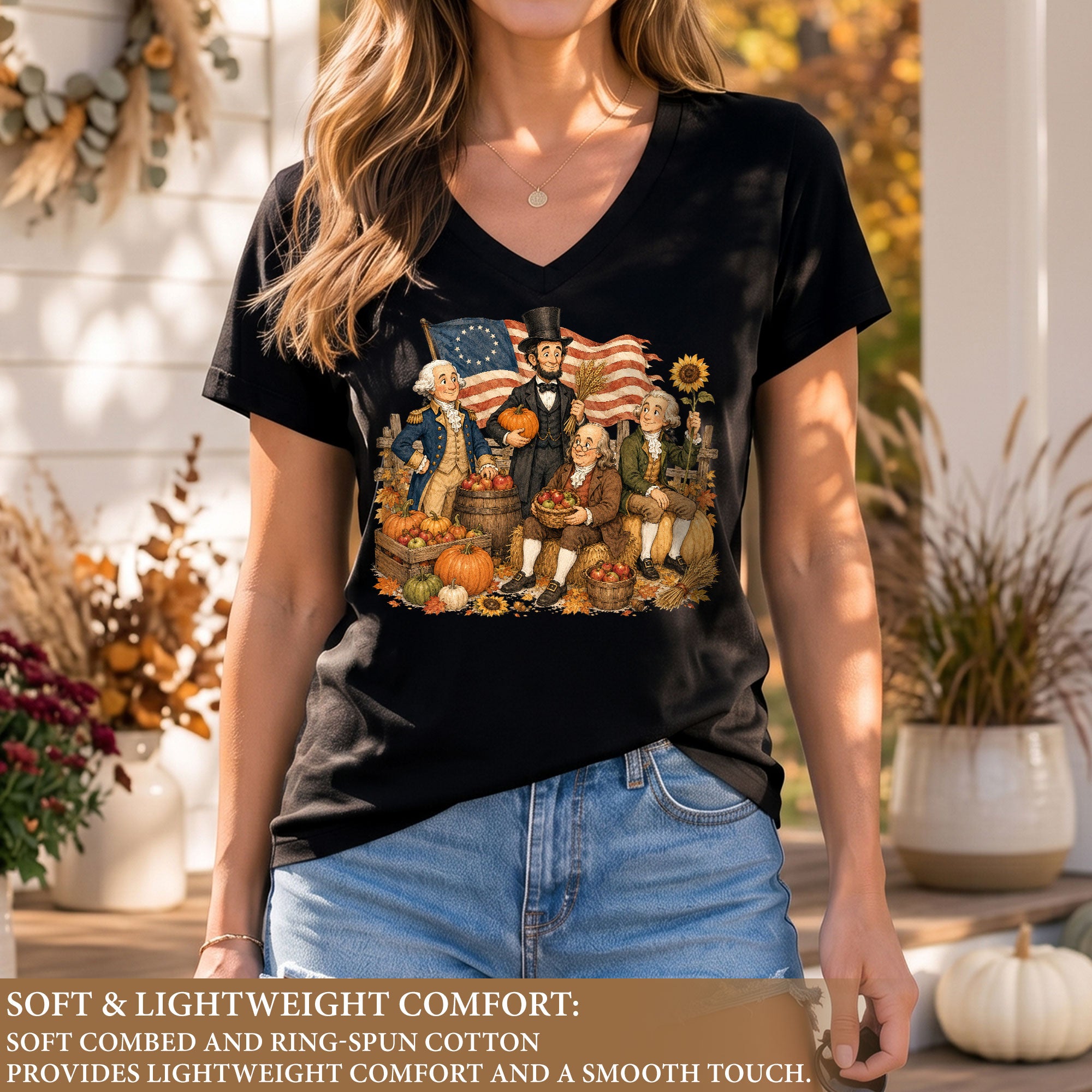 Patriotic Fall V-Neck Shirt Women Cute Presidents Harvest Pumpkin Autumn Graphic Tee
