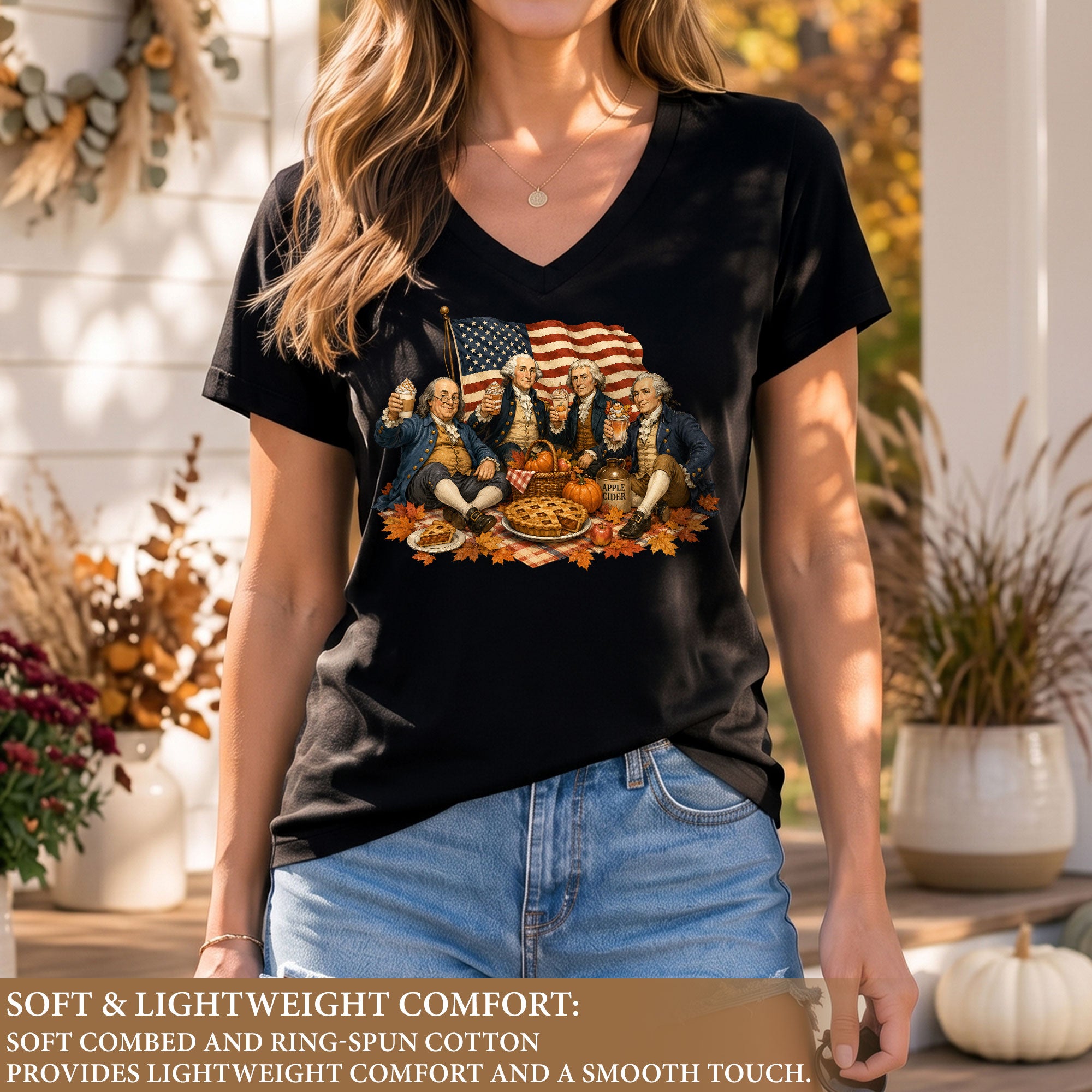 Patriotic Fall V-Neck Shirt Women Cute Founding Fathers Picnic Pumpkin Pie Graphic Tee