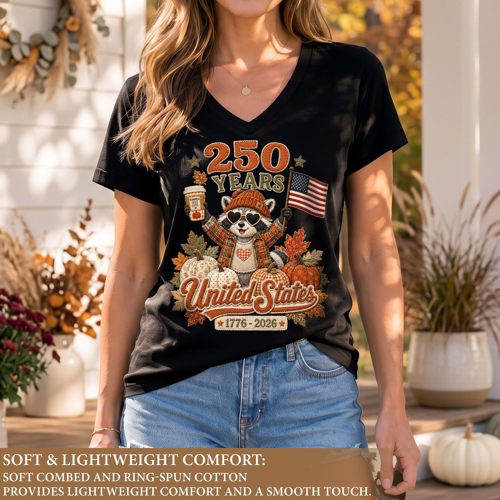 Cute Raccoon Fall V-Neck Shirt Women Spooky Pumpkin Spice Latte Patriotic United States