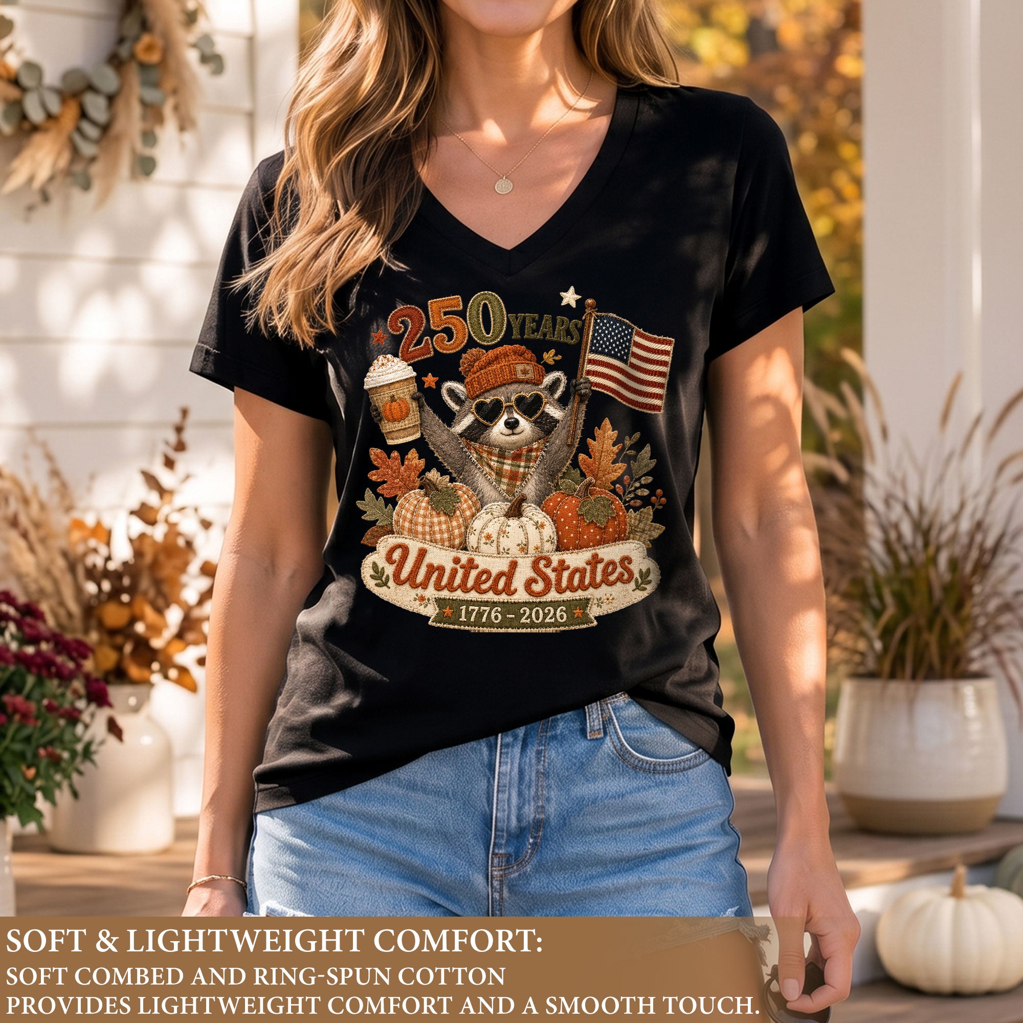 Patriotic Raccoon Fall V-Neck Shirt Women Cute United States Flag Pumpkin Autumn Tee