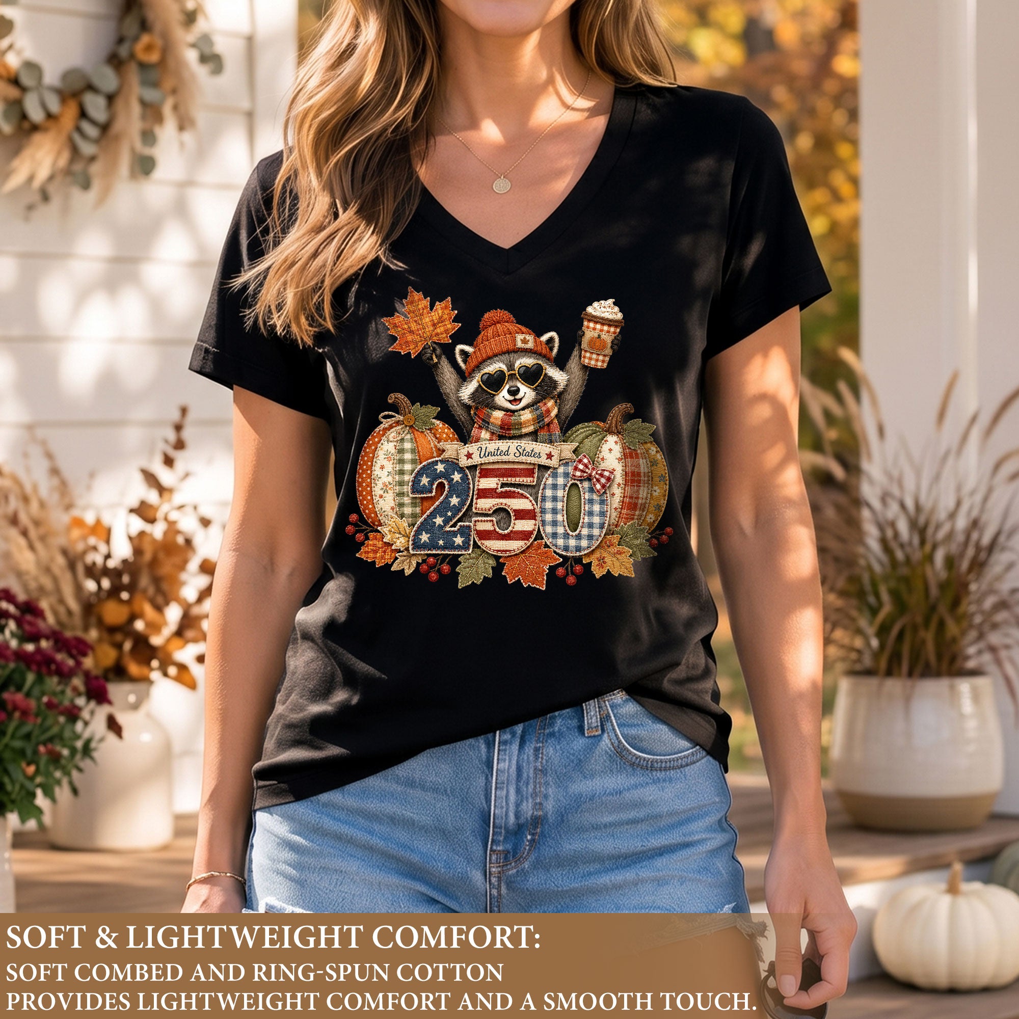 Patriotic Raccoon Fall V-Neck Shirt Women Cute Country Pumpkin Autumn Flag Graphic Tee